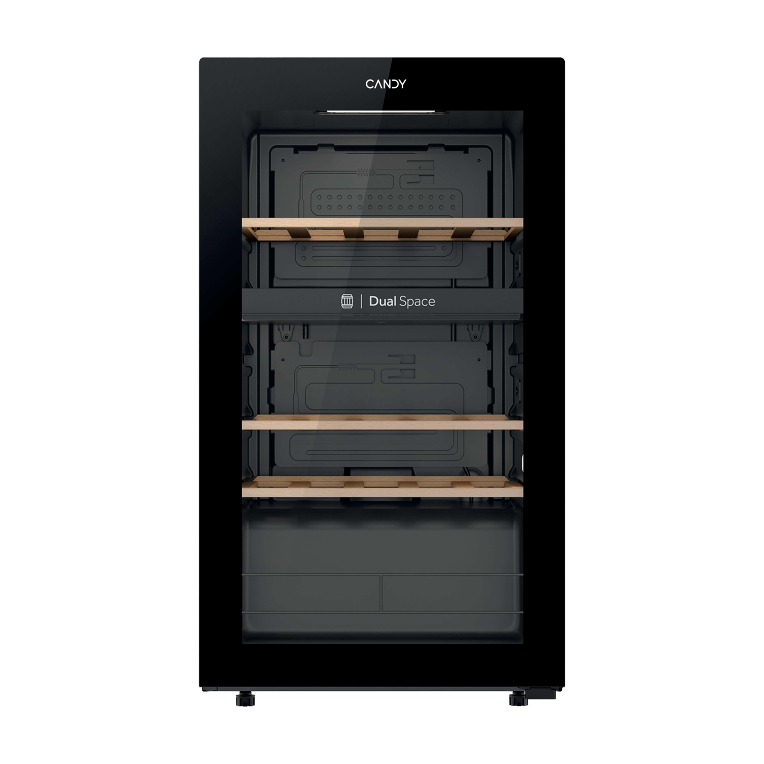 Un refrigeratore per vino nero con tre ripiani in legno e marchio "Dual Space".