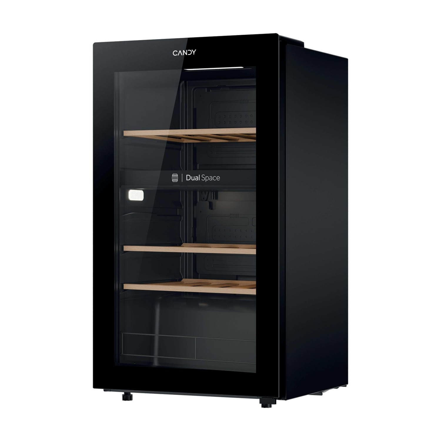 Cantinetta vino nera con porta in vetro, ripiani in legno e illuminazione LED.