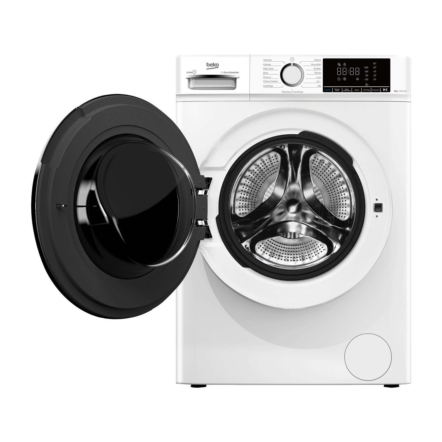 Una lavatrice Beko bianca con la porta nera aperta, che rivela il cestello.