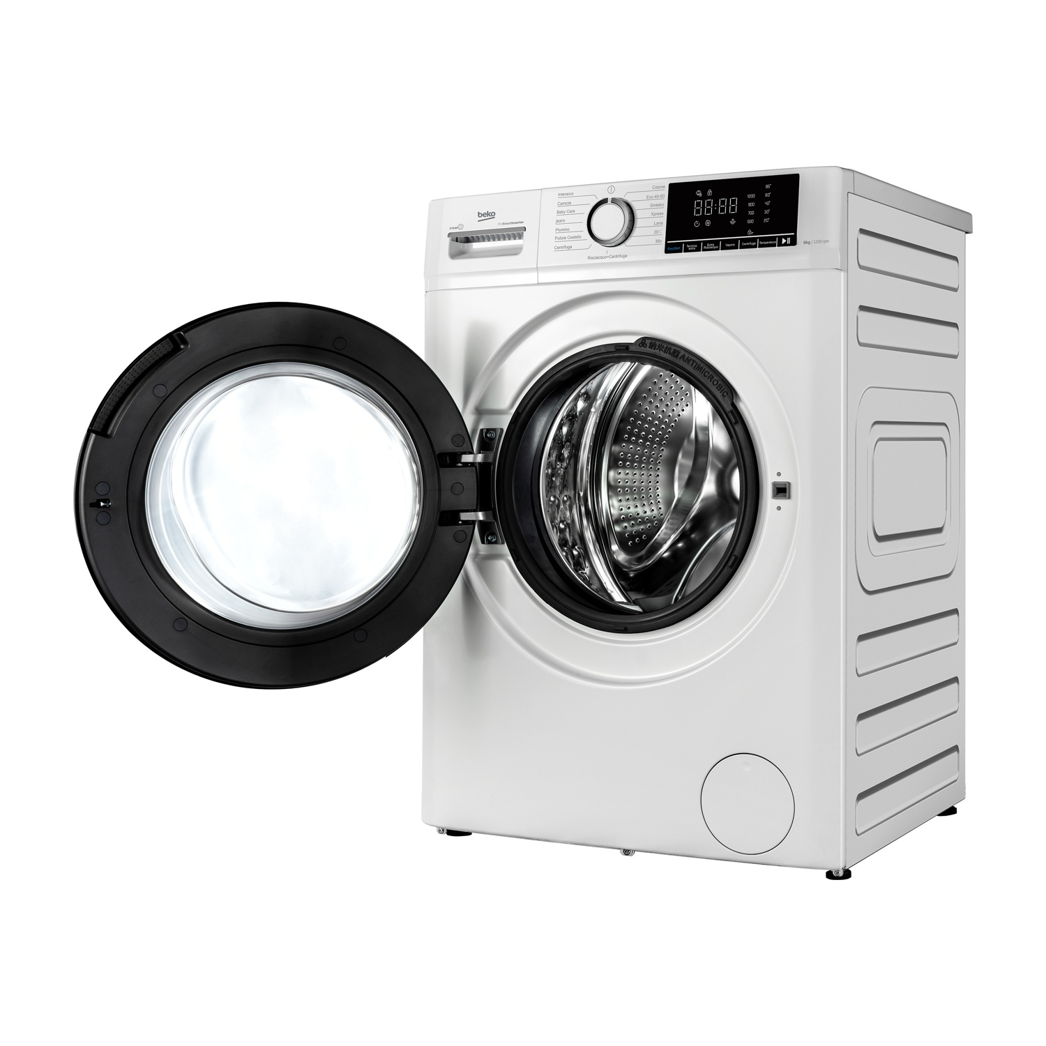 Una lavatrice Beko bianca con oblò aperto e display digitale.
