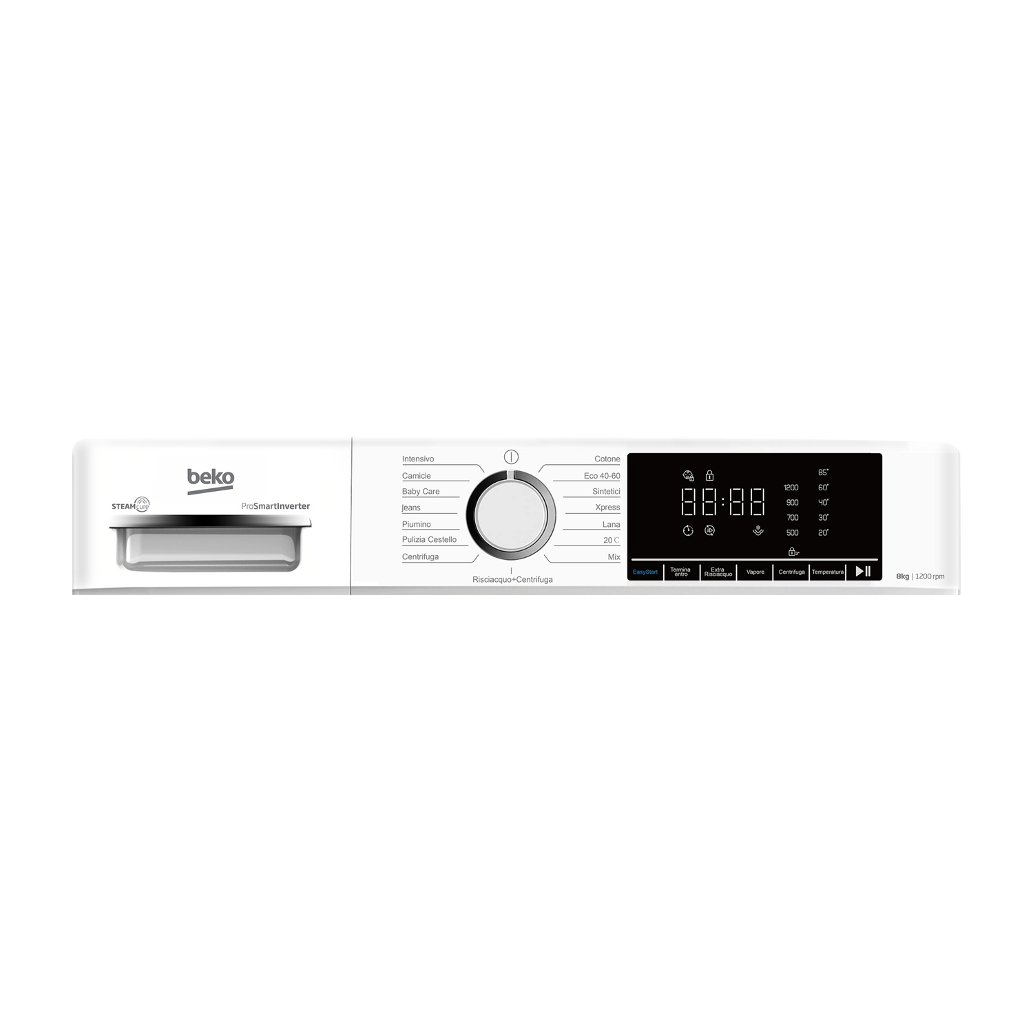Lavatrice Beko con display, selettore programmi e cassetto. 8kg, 1200 giri.
