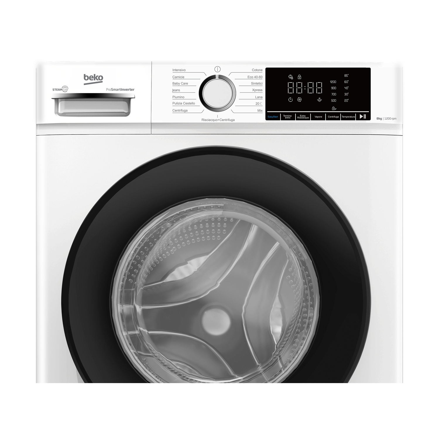 Lavatrice Beko bianca con display digitale e cestello visibile.