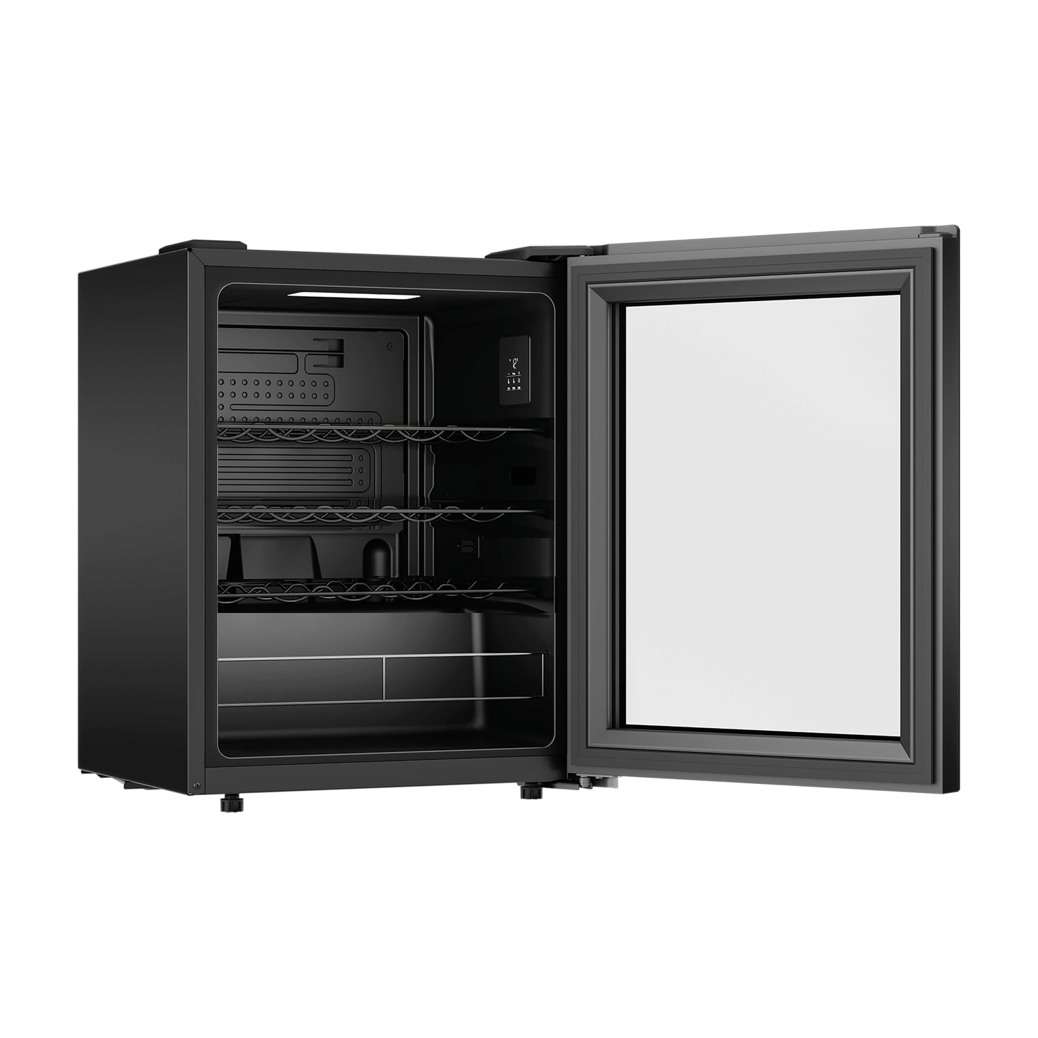 Un mini-frigo nero aperto con porta a vetro e ripiani interni.