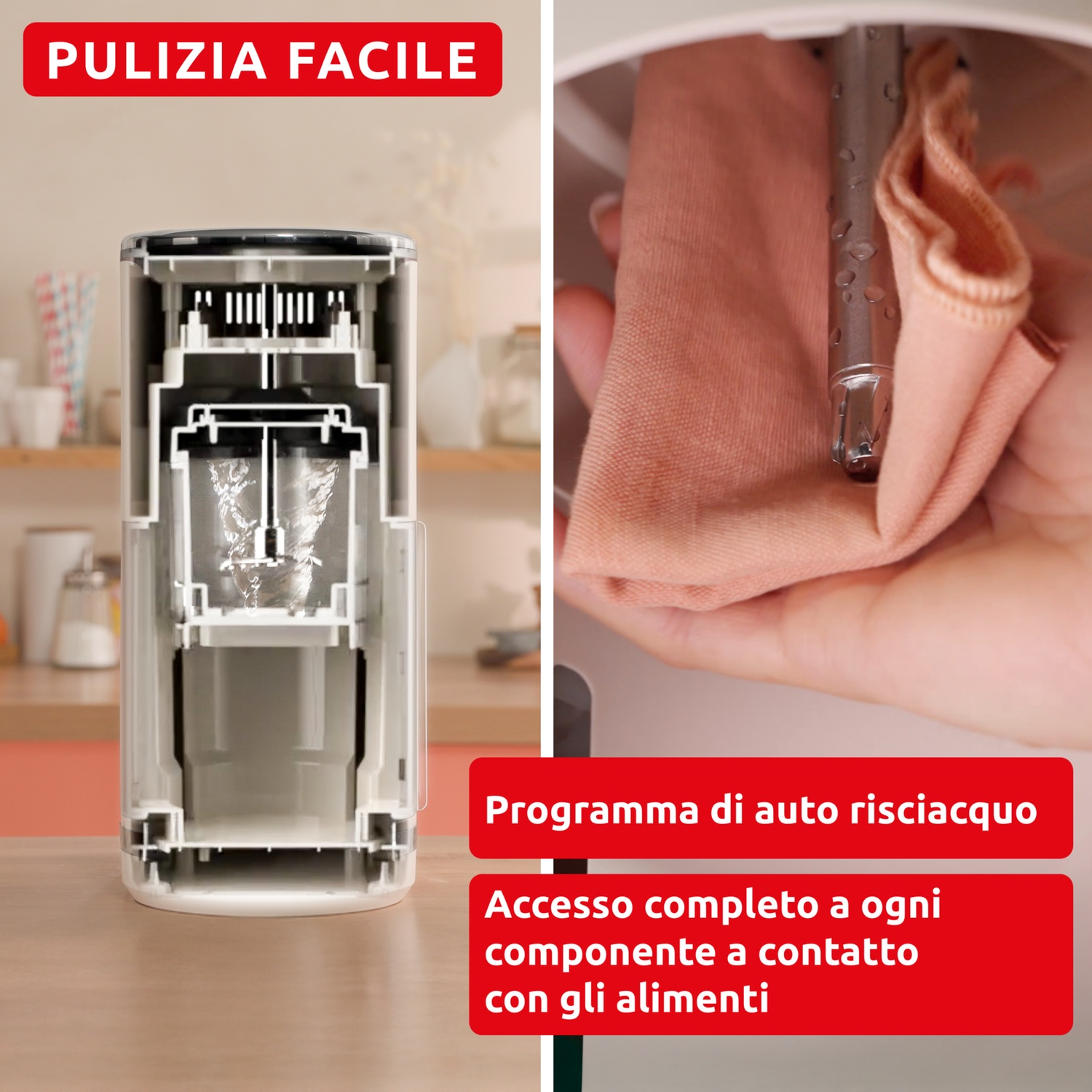 Sezione interna di un estrattore e mani che lo puliscono.
