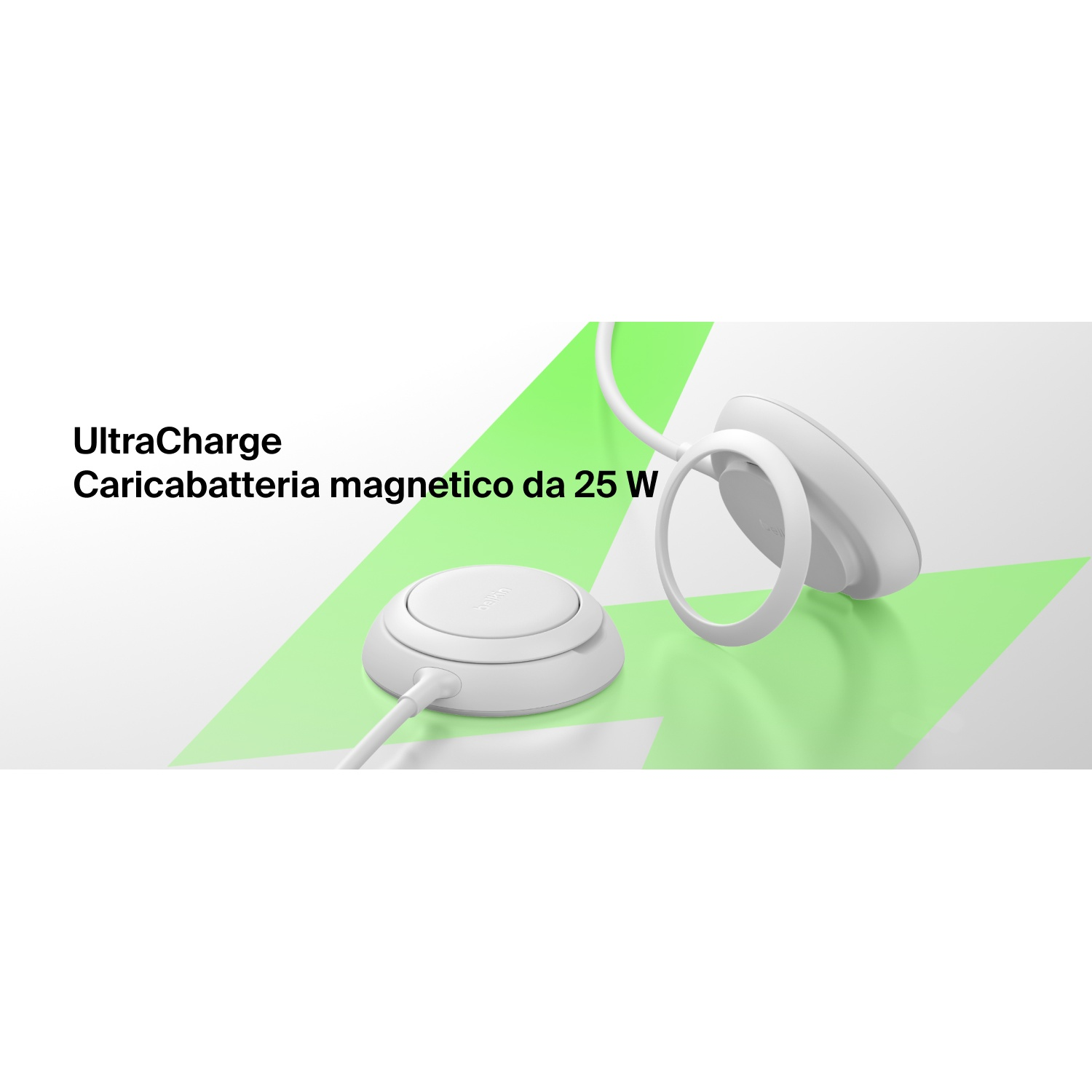 Un caricabatterie magnetico bianco con anello su un motivo a fulmine verde.