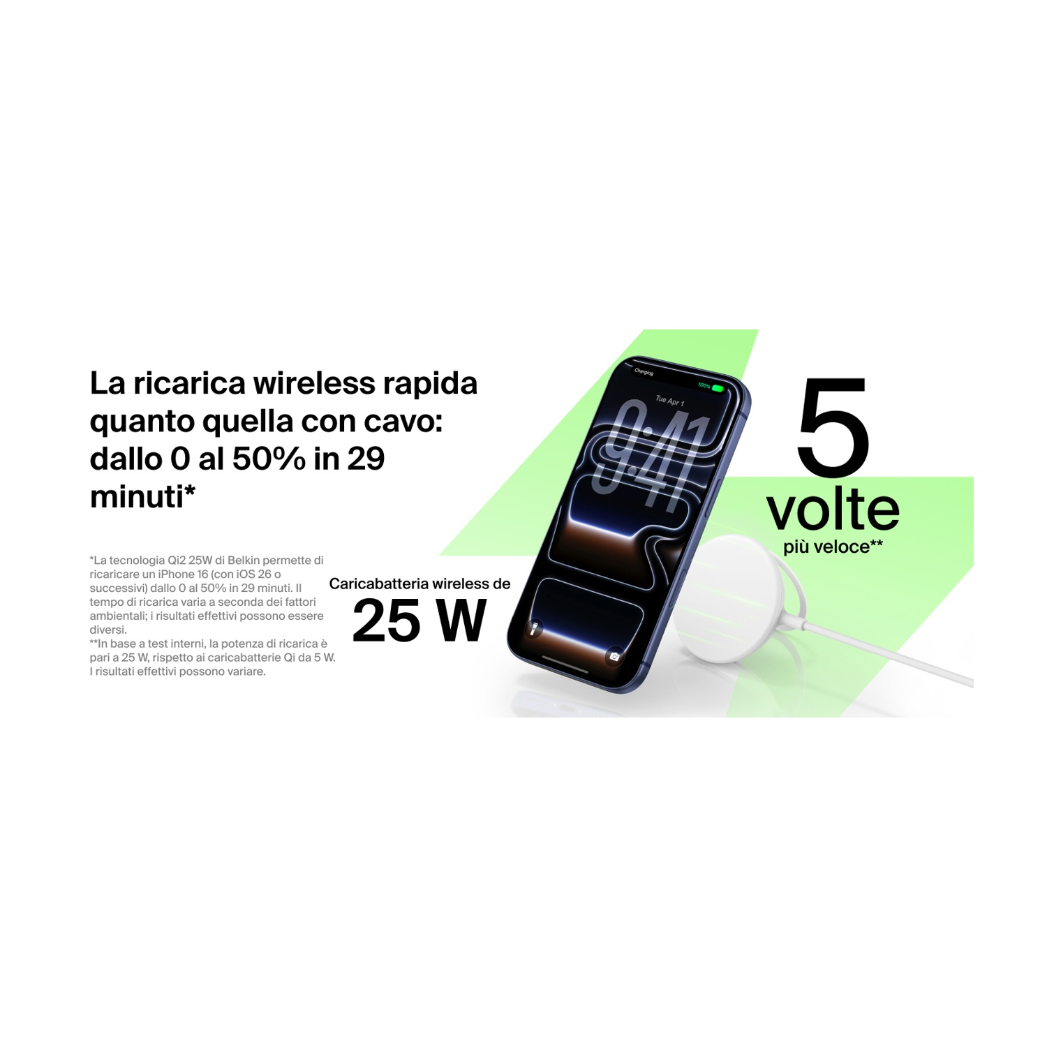 Un iPhone si ricarica wireless a 25W, 5 volte più veloce.