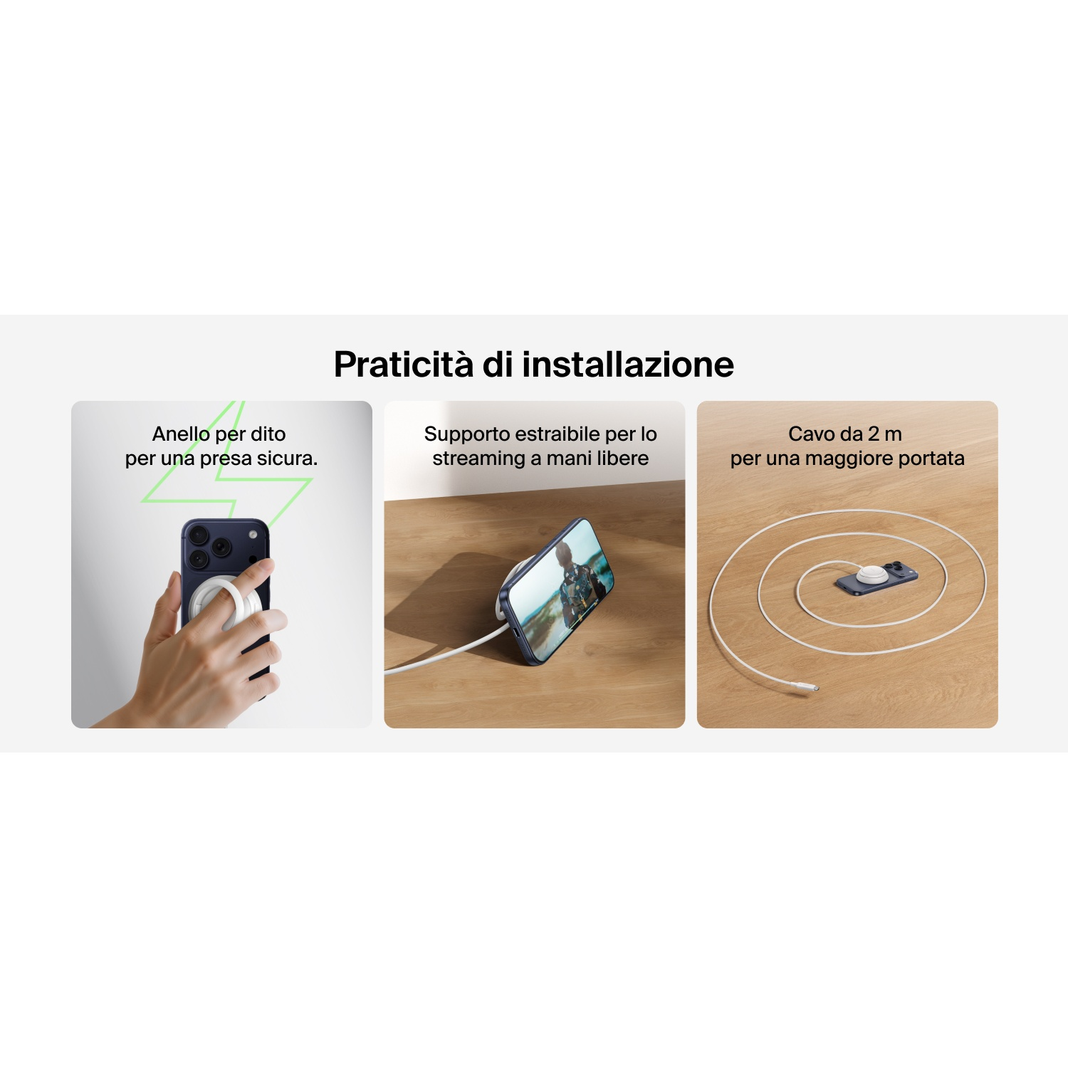 Tre immagini mostrano uno smartphone con accessori: anello, supporto, cavo di ricarica.