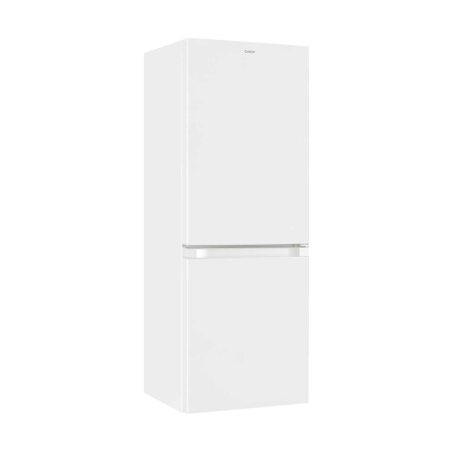 Un frigorifero bianco Candy a due porte in posizione verticale.