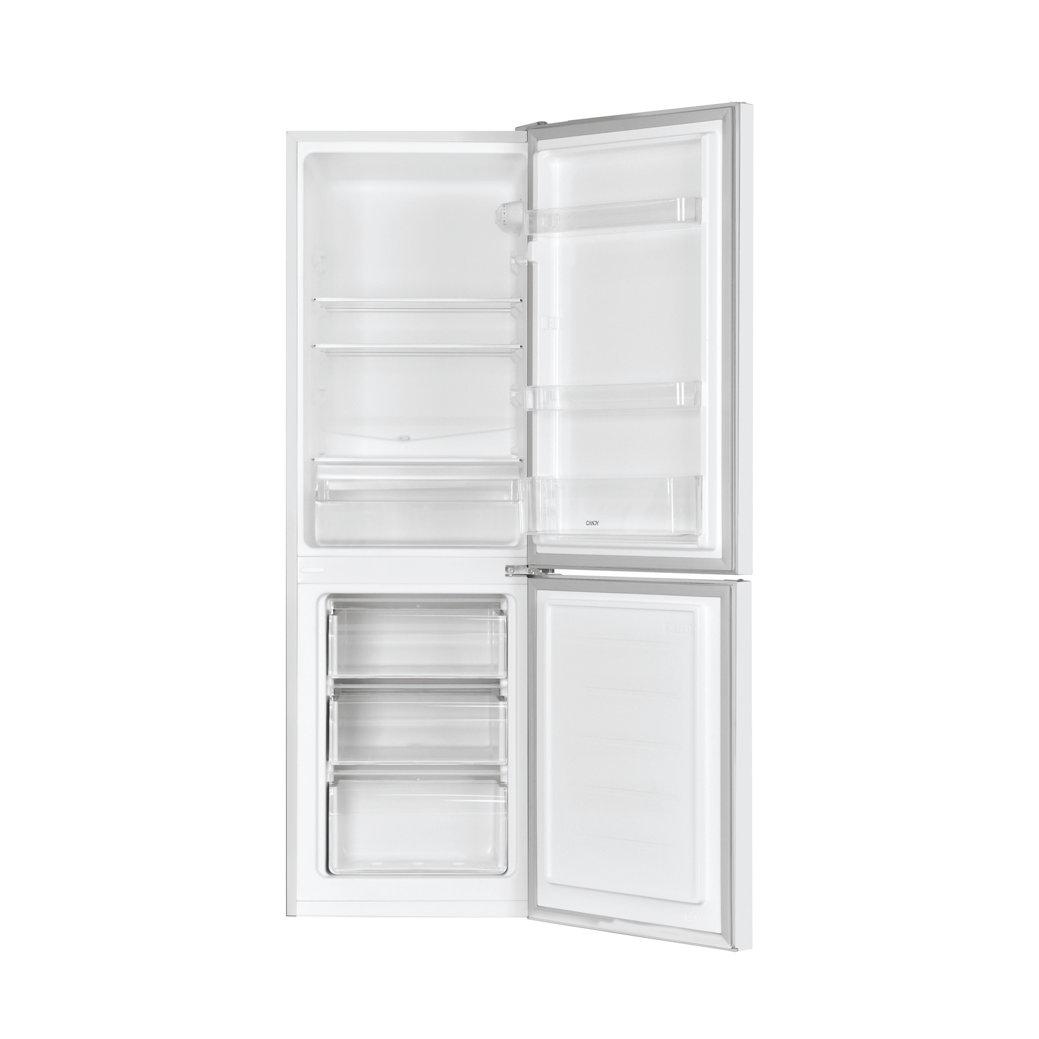 Un frigorifero bianco vuoto con le porte aperte, che mostra ripiani e cassetti.