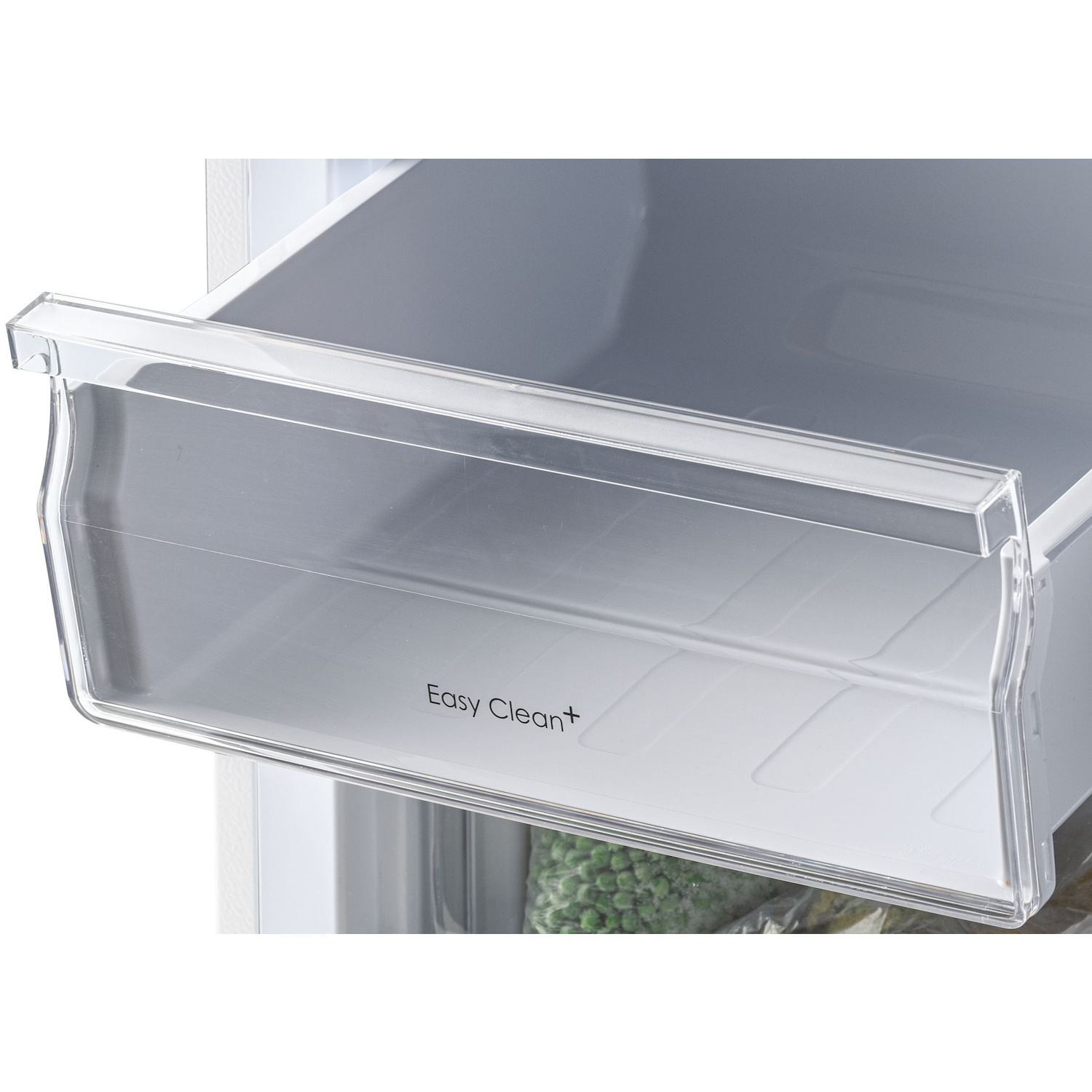 Un cassetto trasparente del frigorifero etichettato Easy Clean+ con piselli surgelati.