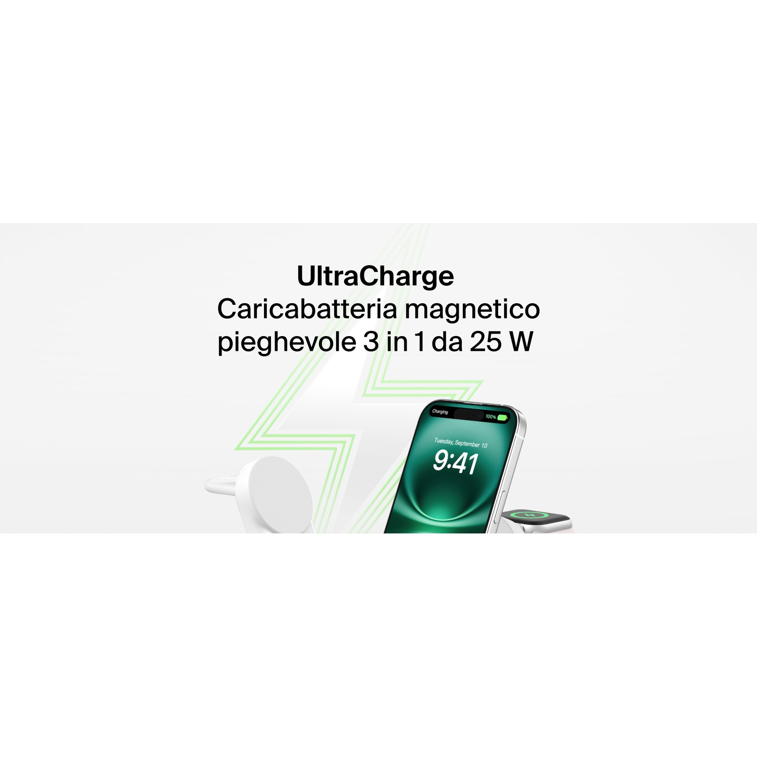 Un caricabatterie magnetico bianco per iPhone e Apple Watch, carica 3 dispositivi.