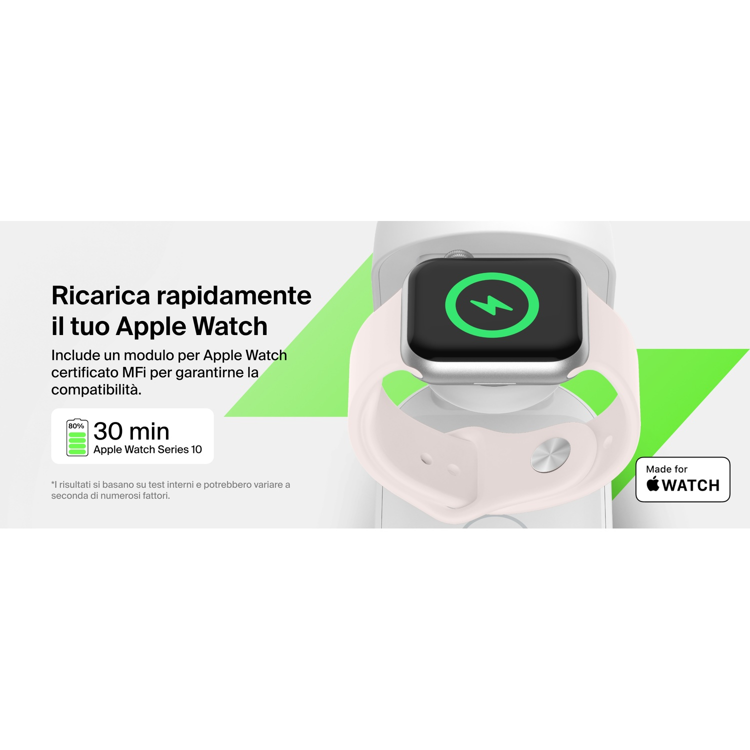 Un Apple Watch si sta caricando velocemente. Un'icona di fulmine verde è visibile.