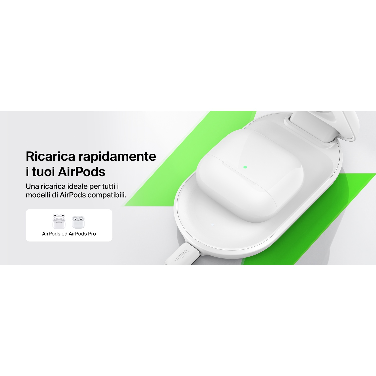 Custodia di ricarica bianca AirPods Pro su caricabatterie wireless bianco con accenti verdi.