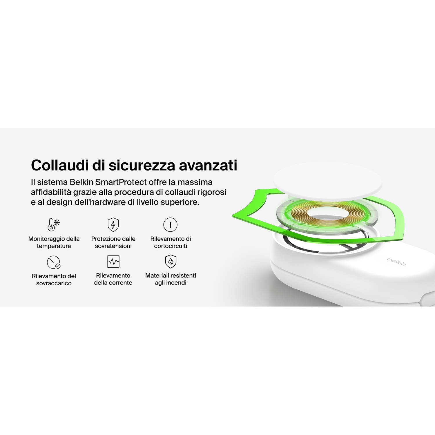 Collaudi avanzati: temperatura, sovratensione, cortocircuito, sovraccarico, corrente e materiali resistenti al fuoco.