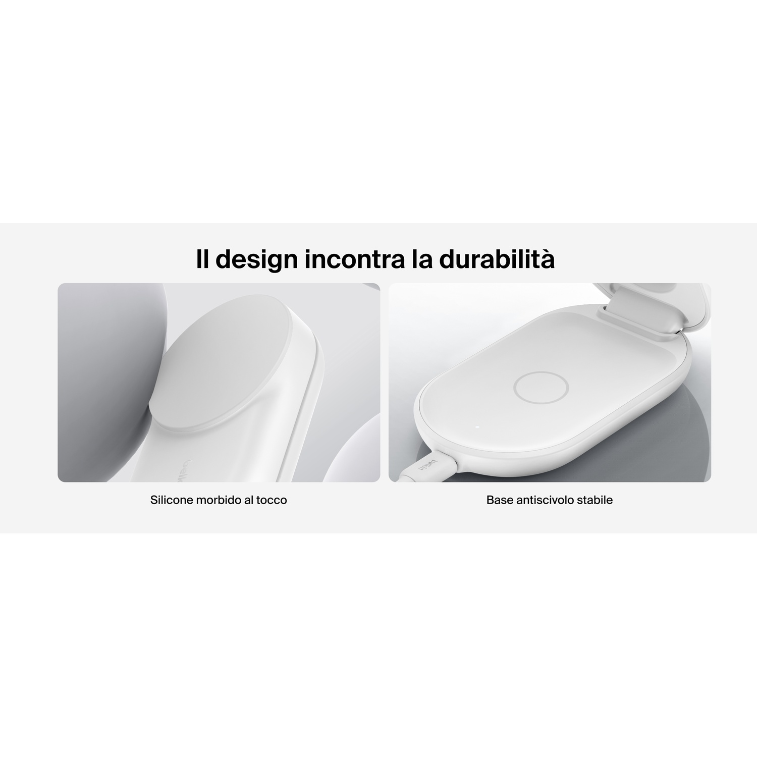 Caricatore wireless bianco con silicone morbido e base antiscivolo.