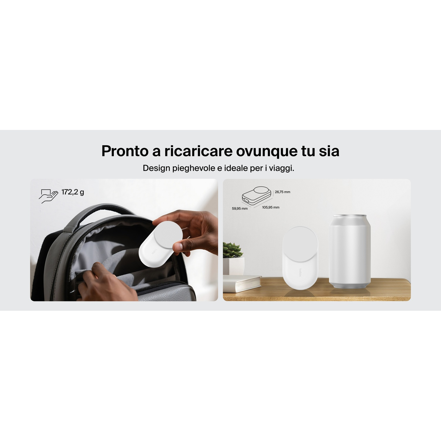 Un caricatore bianco viene messo in uno zaino. Accanto c'è una lattina.