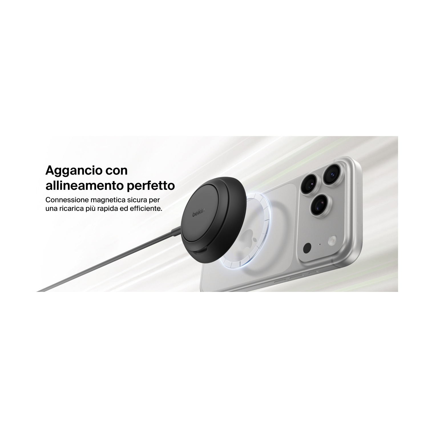 Supporto magnetico Belkin nero su un iPhone argentato.