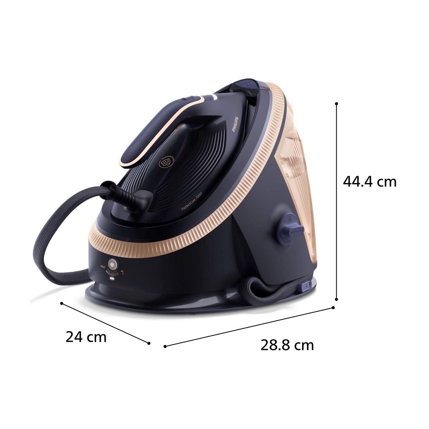 Centrale vapore nero e oro con dimensioni 24x28.8x44.4 cm.