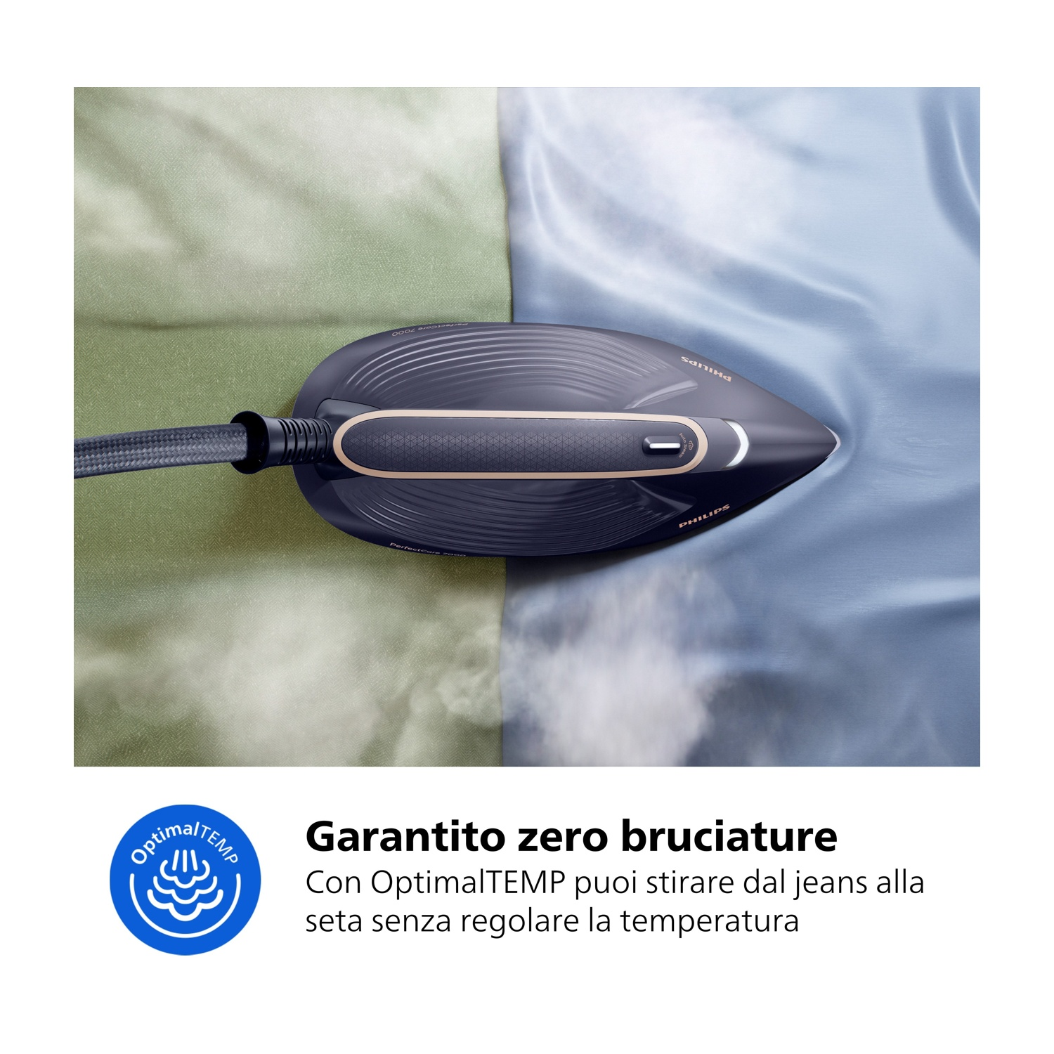 Un ferro Philips scuro vaporizza tessuto blu e verde. Logo OptimalTEMP.