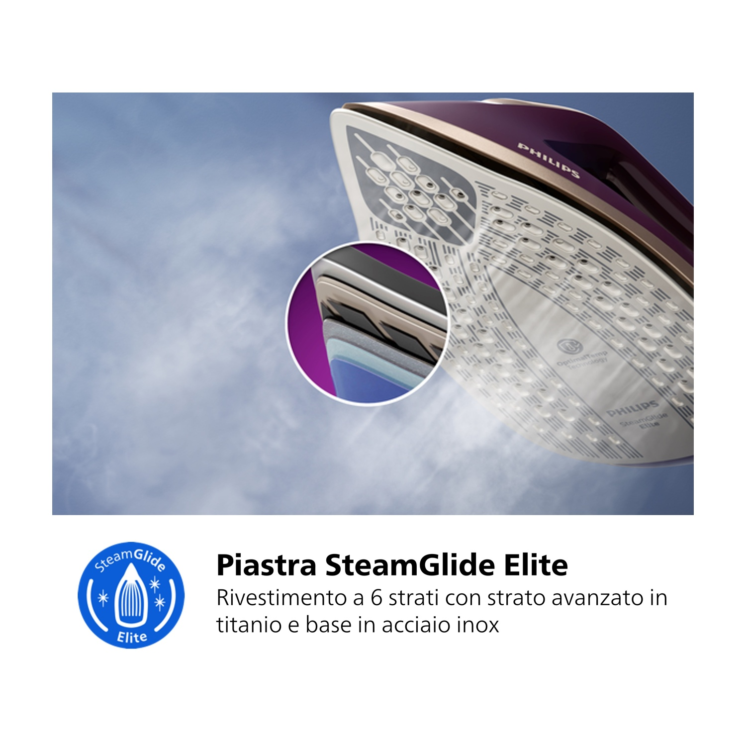 Una piastra per ferro da stiro Philips viola con logo SteamGlide Elite su cielo.