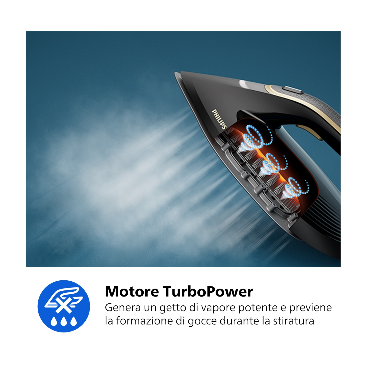 Ferro da stiro con motore turbo vapore visibile su sfondo blu.