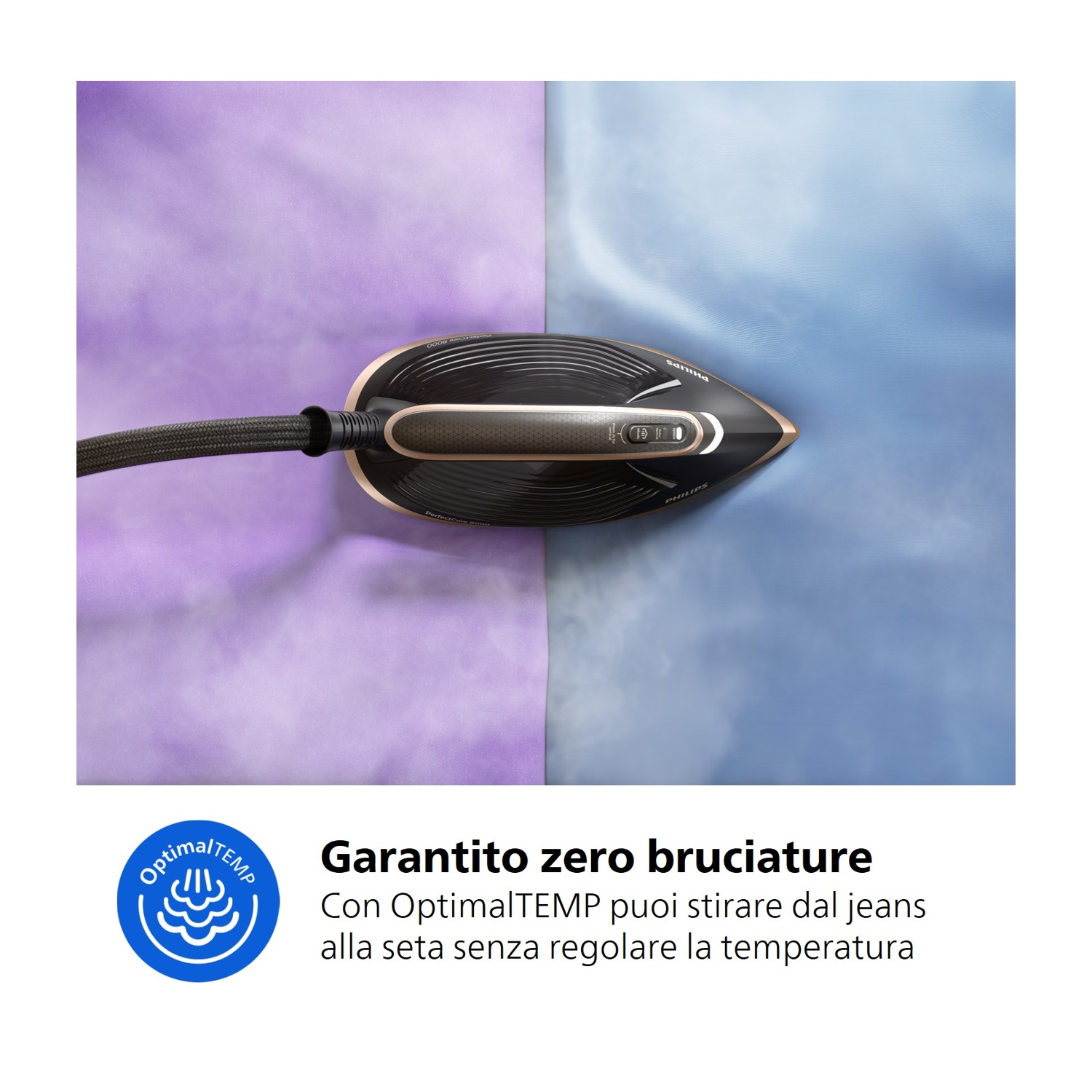 Un ferro da stiro nero con dettagli oro rosa vapore su tessuto blu e viola.
