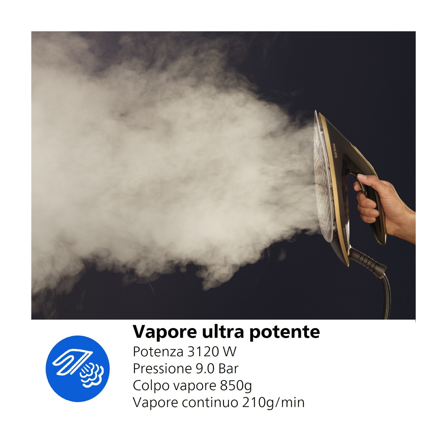 Una mano tiene un ferro da stiro a vapore Philips che emette vapore.