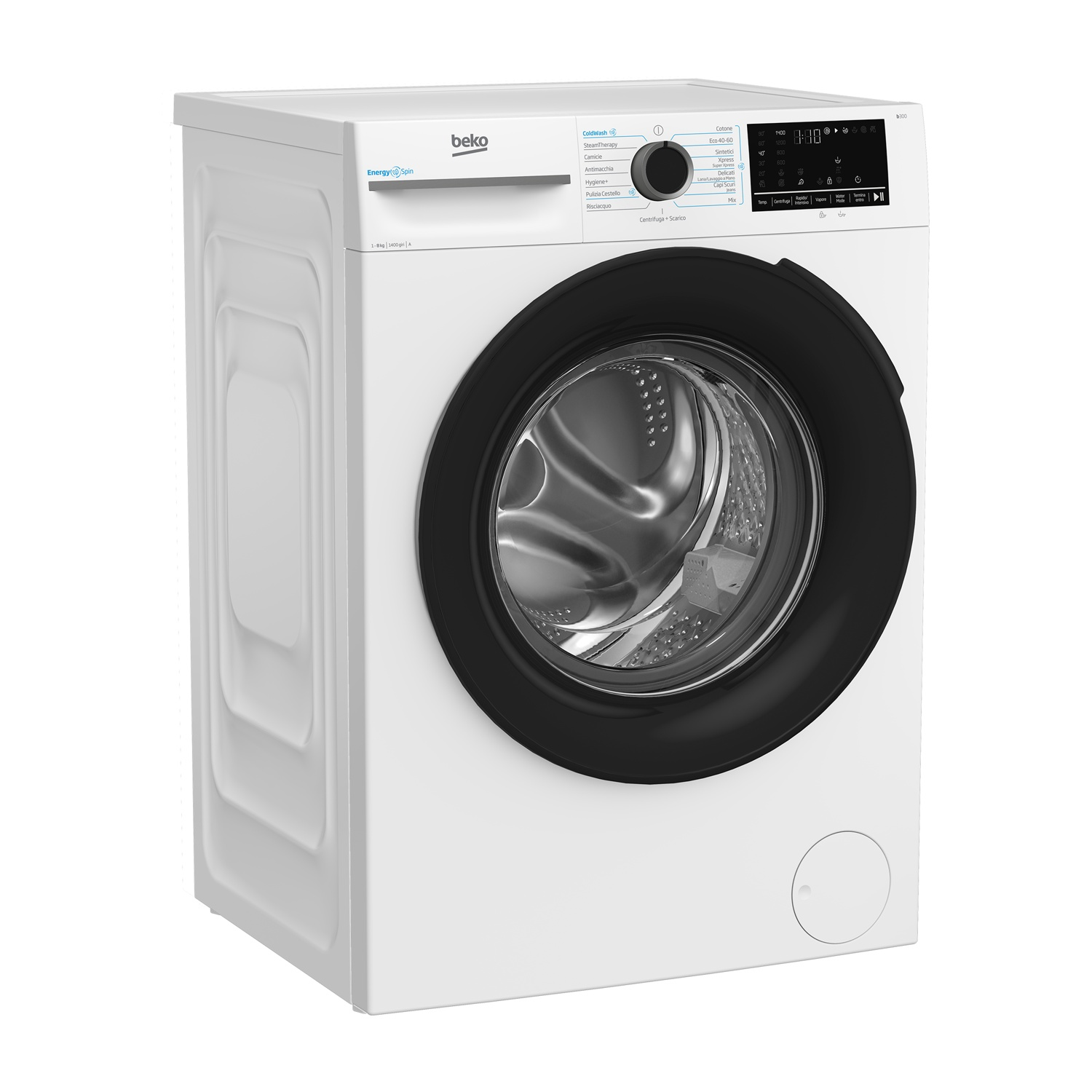 Lavatrice Beko bianca con oblò e pannello di controllo neri.