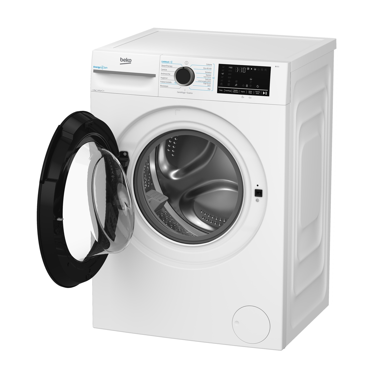 Lavatrice Beko bianca con oblò nero aperto e display digitale.