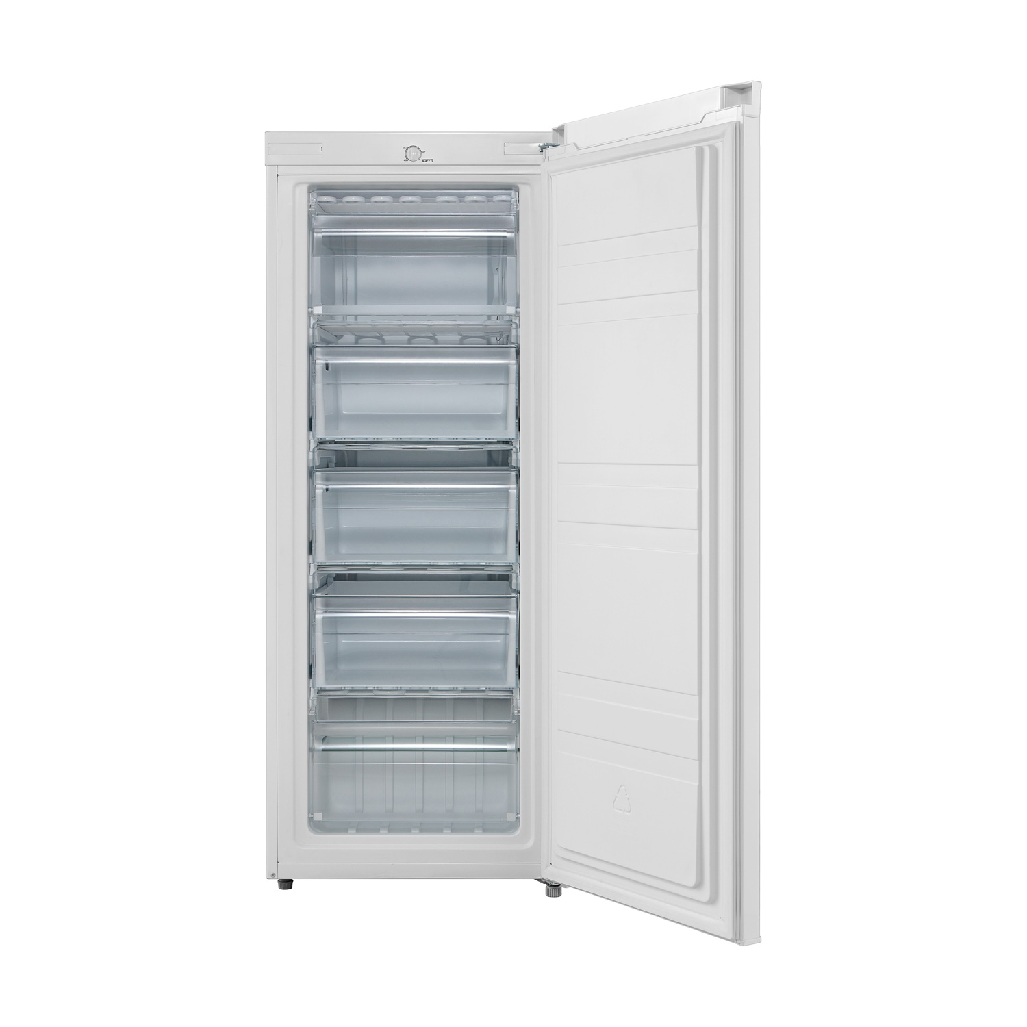 Un congelatore bianco con la porta aperta, che mostra diversi cassetti trasparenti.