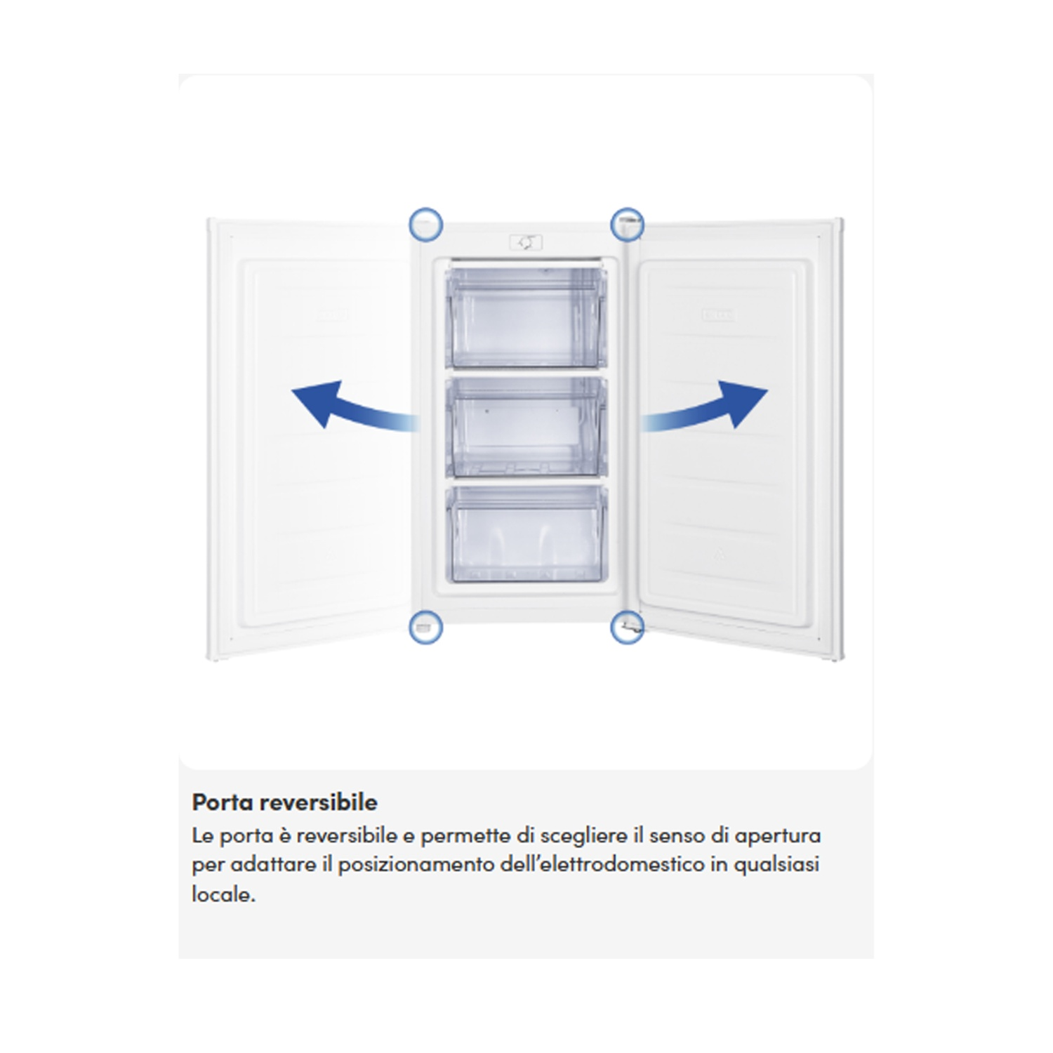 Congelatore bianco con porte aperte e cassetti trasparenti, mostra funzione porta reversibile.