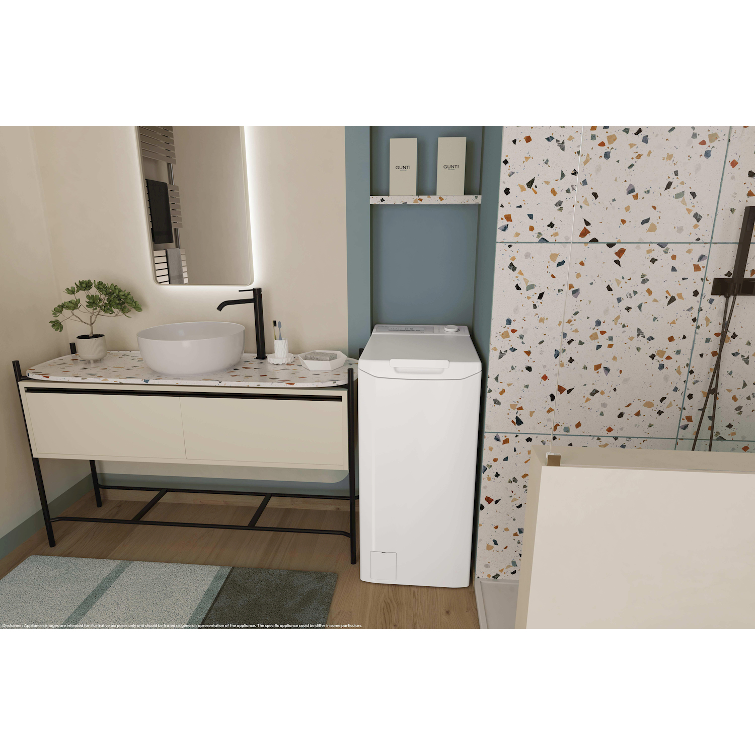 Un bagno con lavatrice, lavandino, specchio e piastrelle in terrazzo.