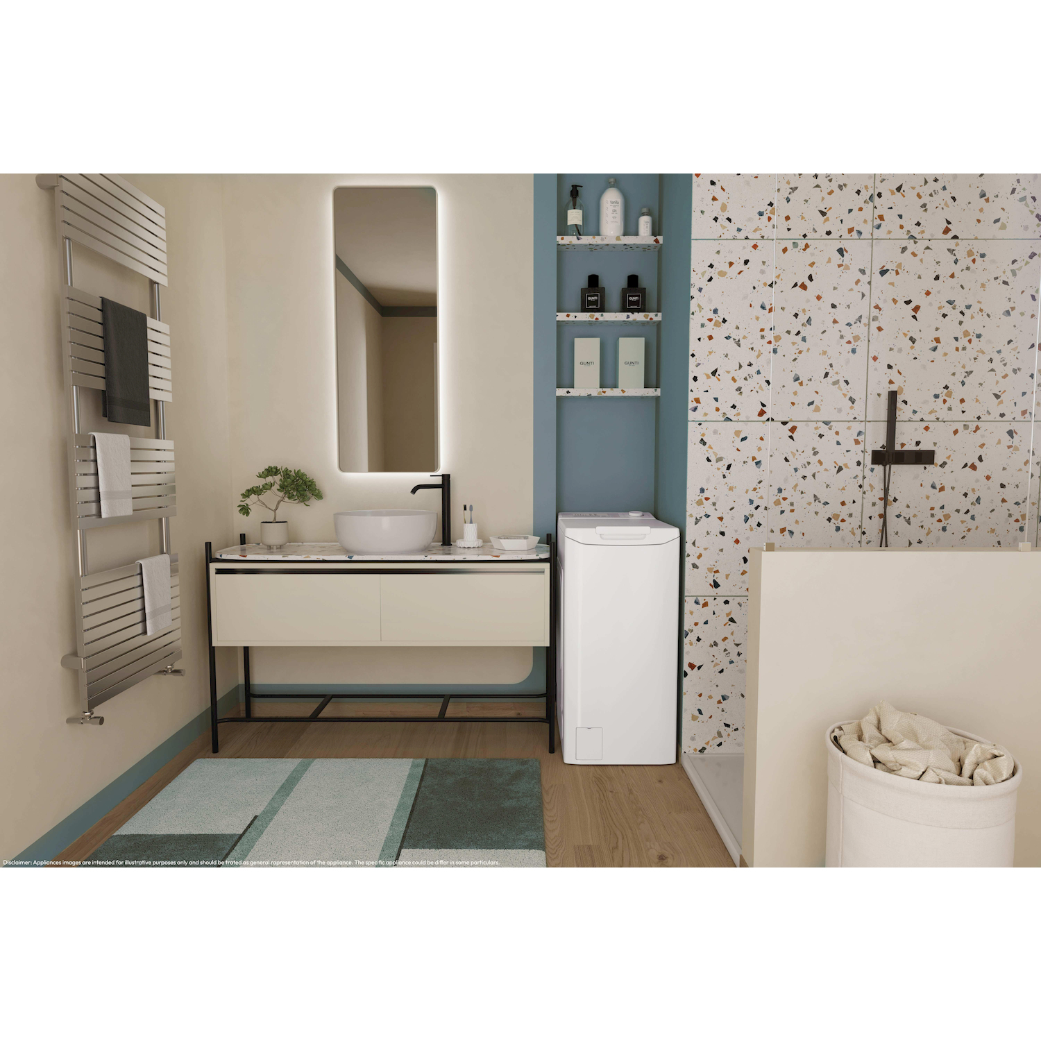 Bagno moderno con lavatrice bianca, mobile lavabo, lavandino, specchio, scalda salviette e piastrelle in terrazzo.