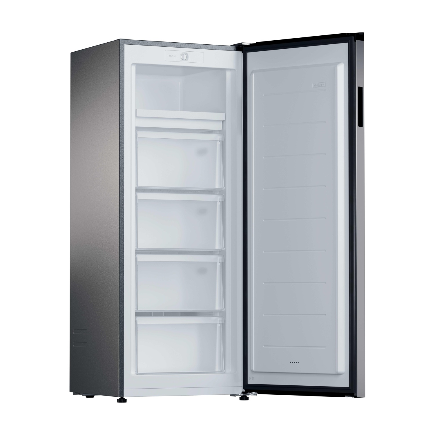 Un congelatore verticale autoportante con porta aperta. Esterno grigio-argento, interno bianco con 4 cassetti.