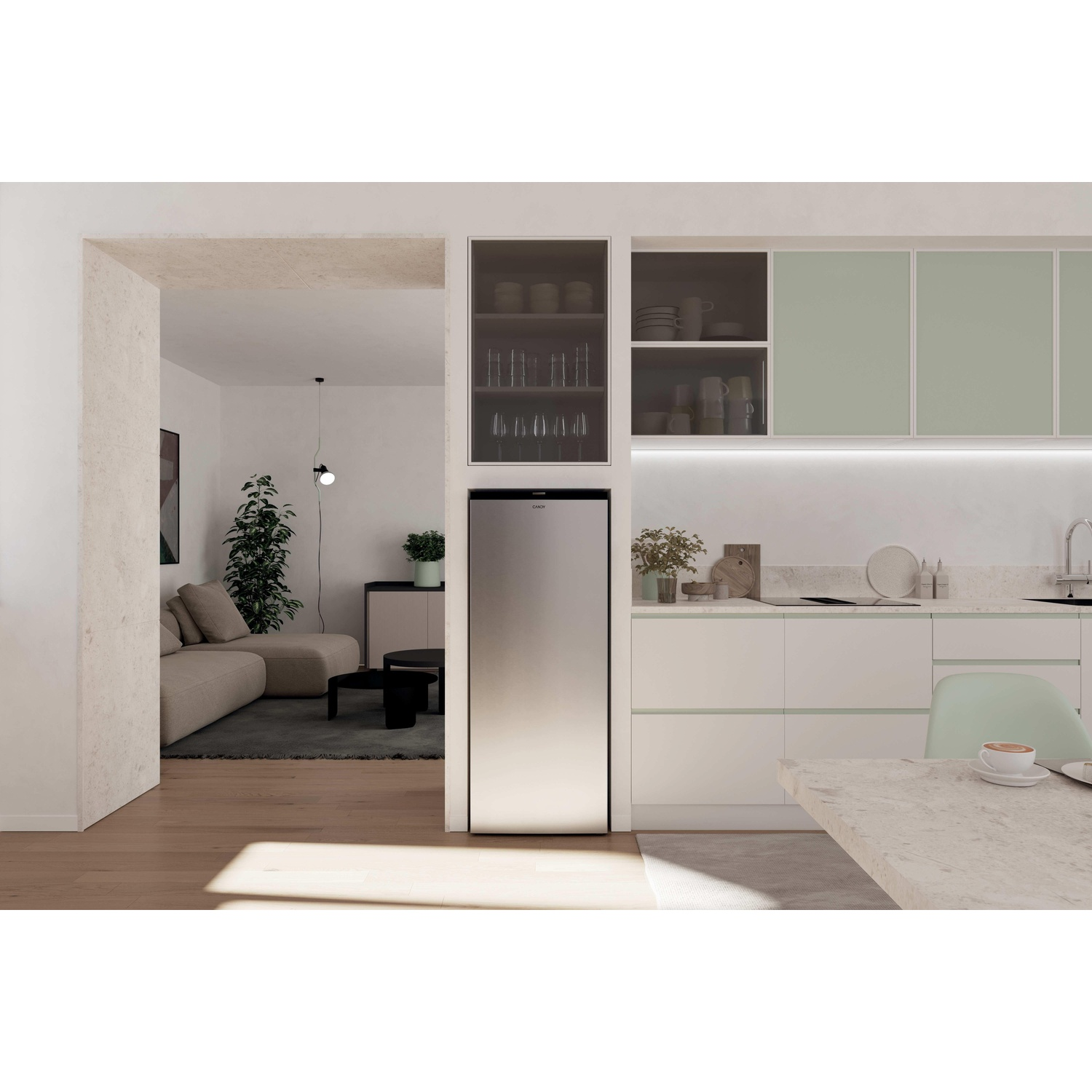 Cucina moderna con frigorifero in acciaio inox, mobili chiari e zona giorno.