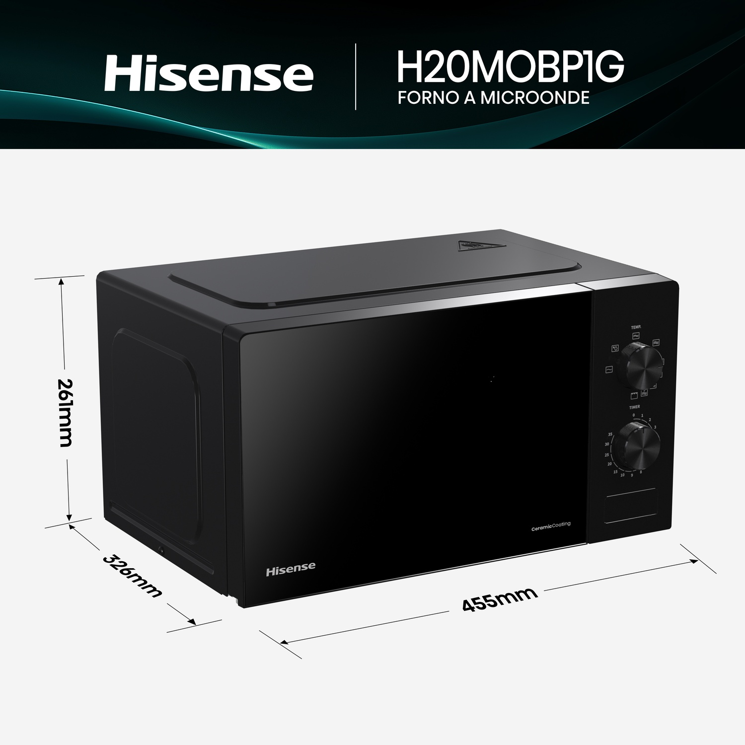 Forno a microonde Hisense nero, dimensioni 455x326x261mm e manopole.