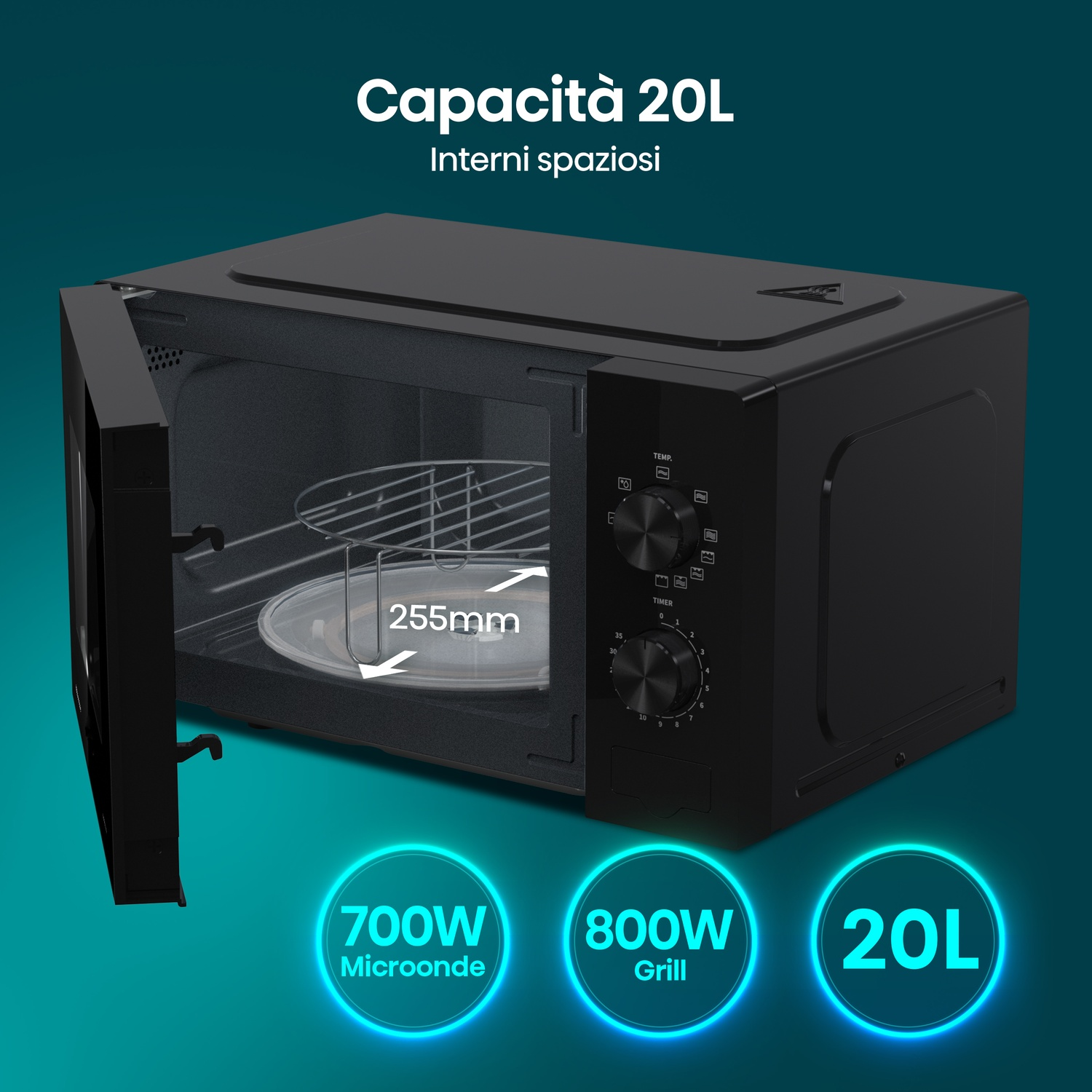 Microonde nero con porta aperta, capacità 20L, microonde 700W, grill 800W.