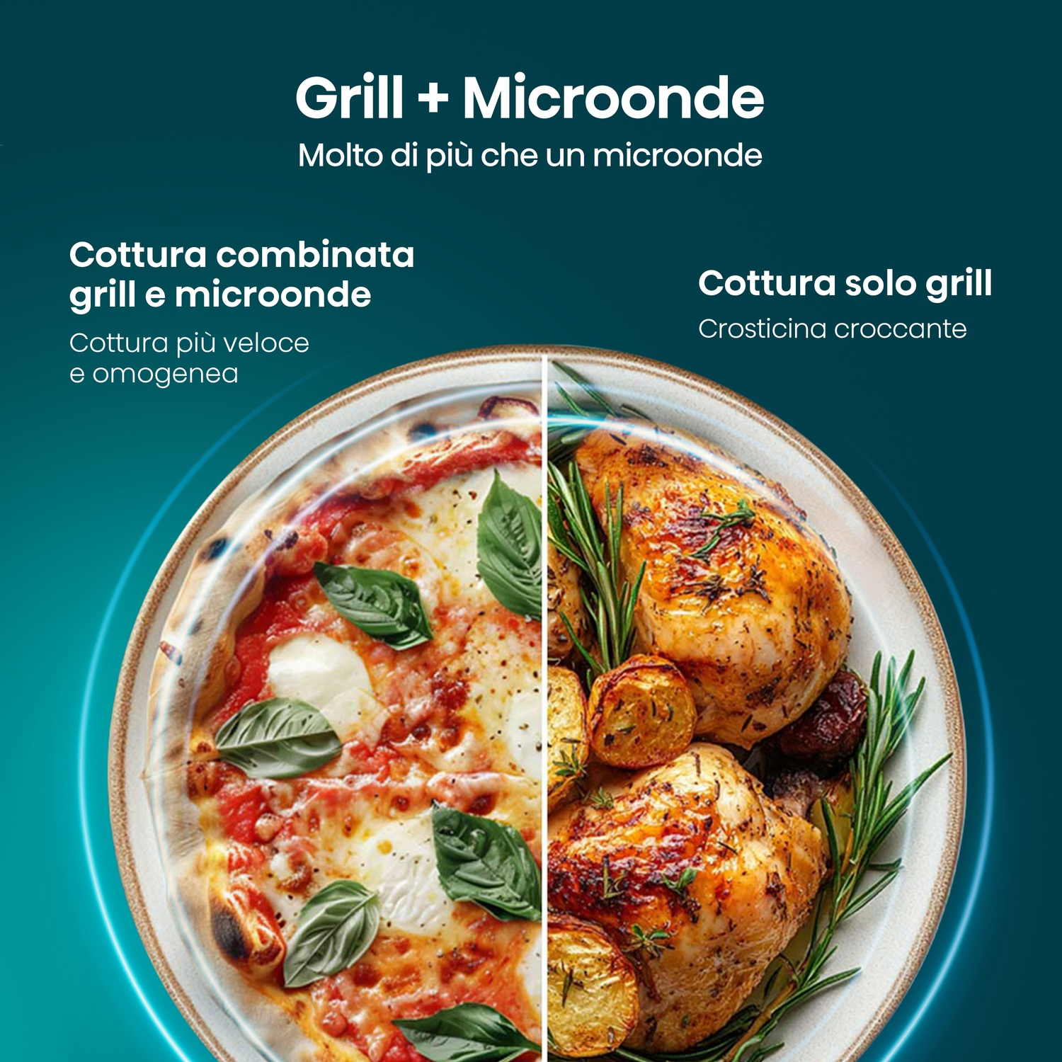 Pizza e pollo con patate al rosmarino su piatti, uno accanto all'altro.