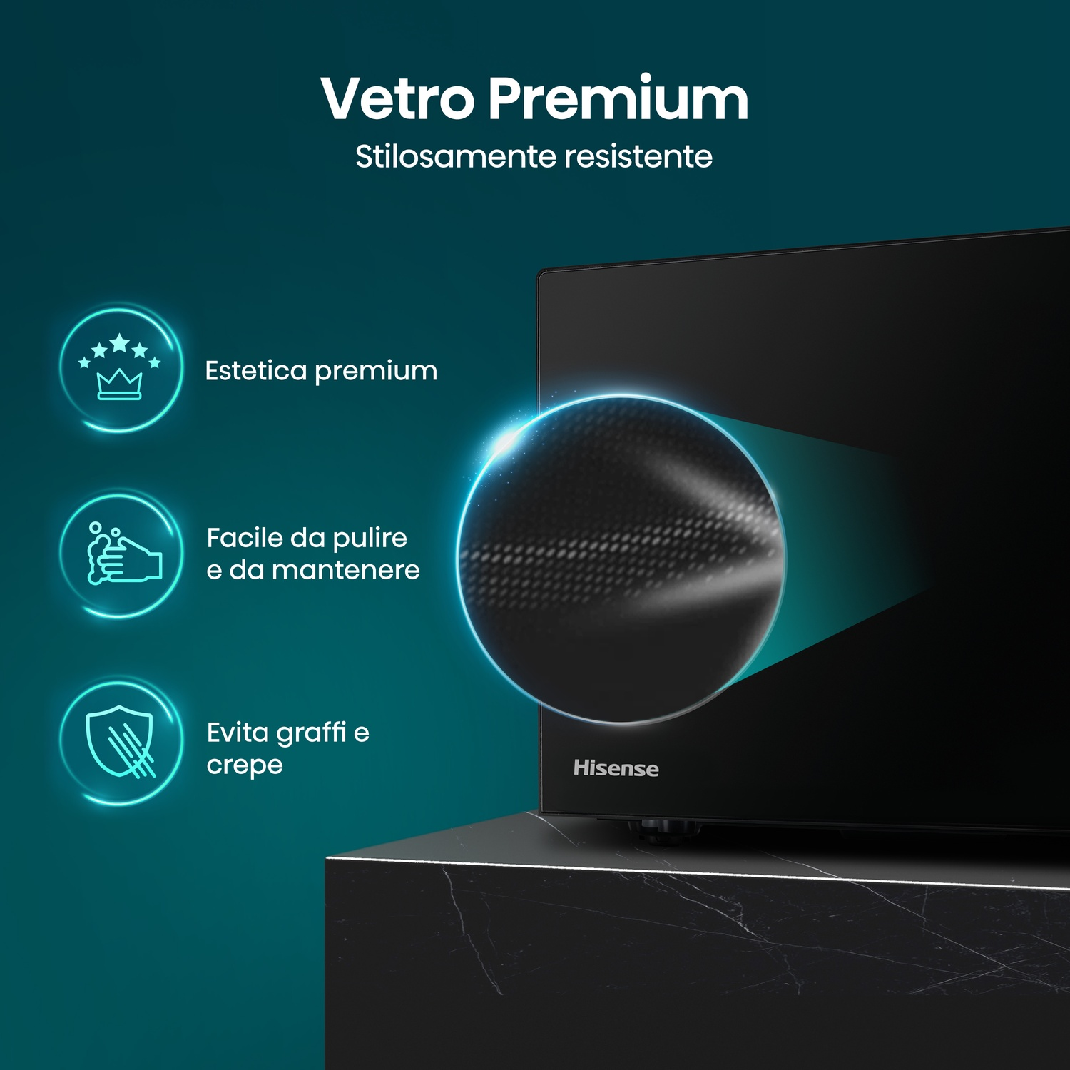 Un Hisense con vetro premium, stilisticamente resistente.