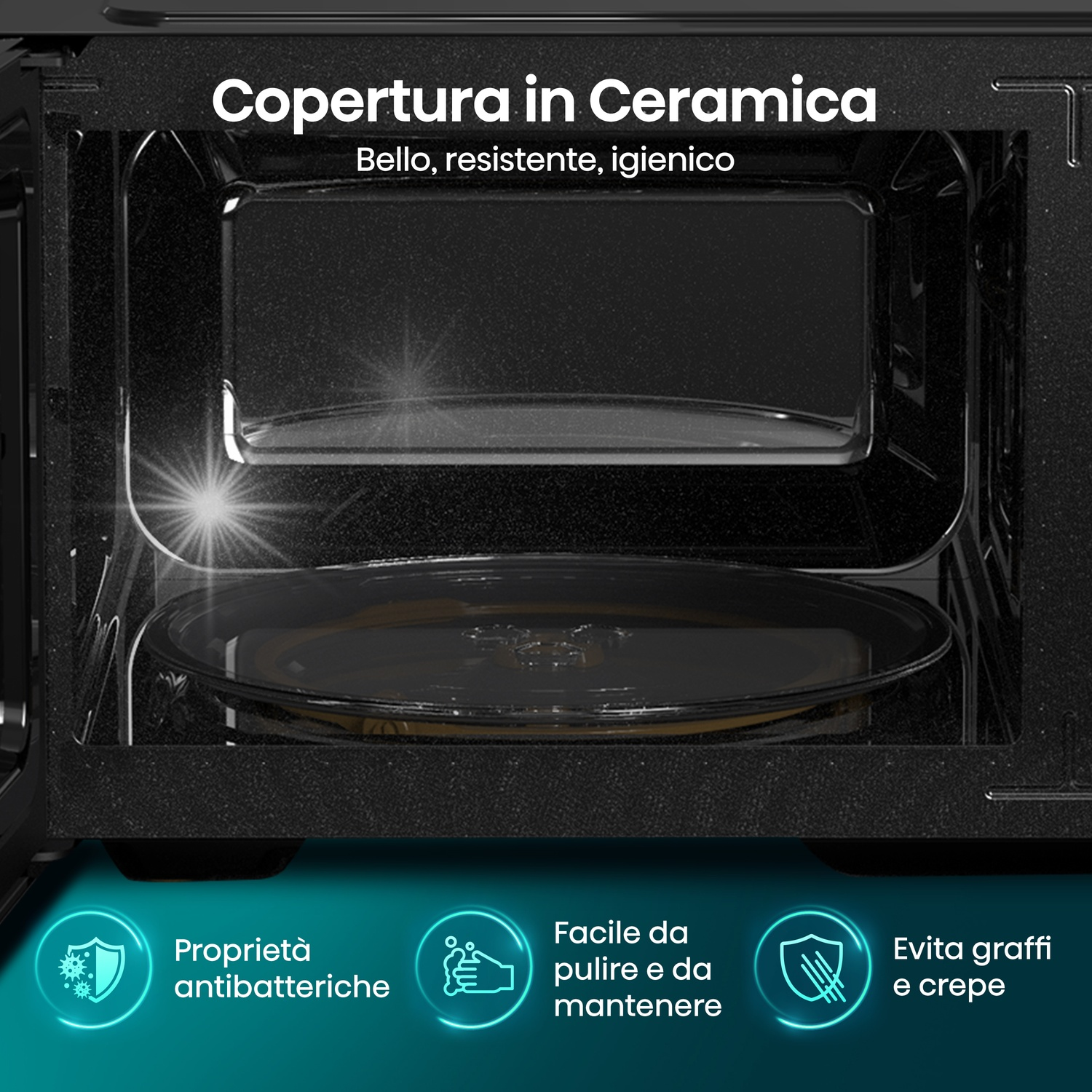 Interno di un microonde con rivestimento in ceramica, facile da pulire e mantenere.