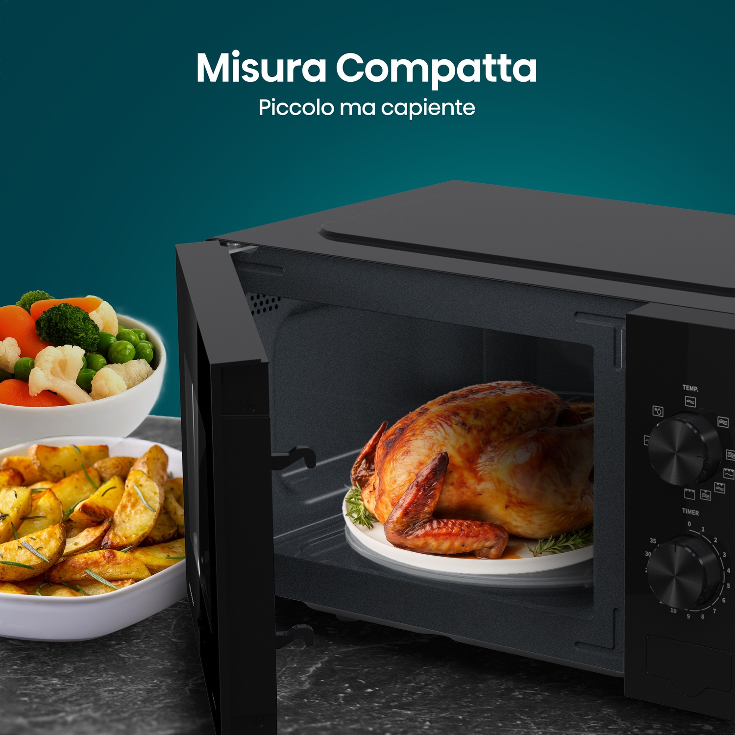 Un pollo arrosto cuoce in un microonde nero accanto a ciotole di verdure e patate.