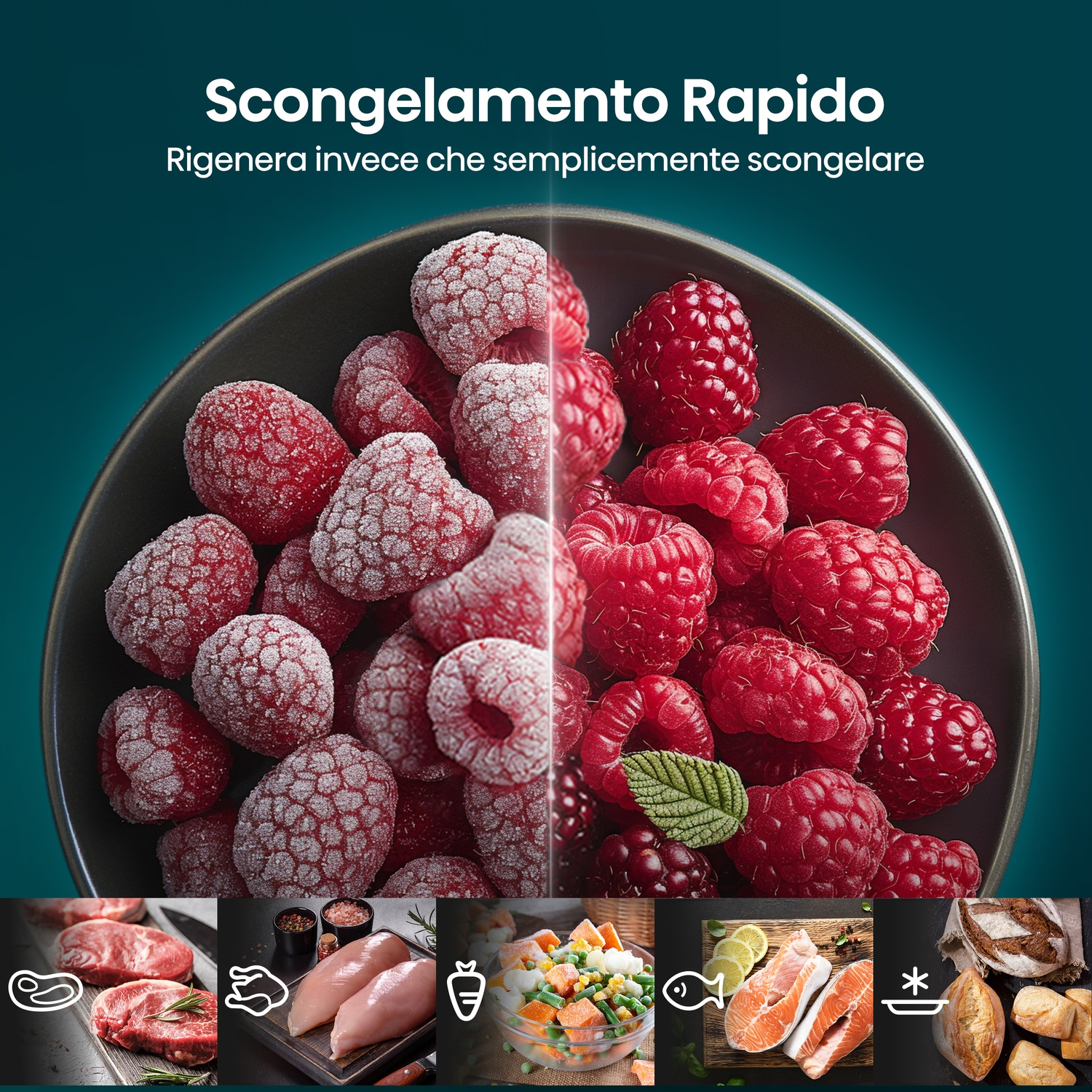 Lamponi congelati e freschi, accanto a carne, pollo, verdure, pesce e pane.
