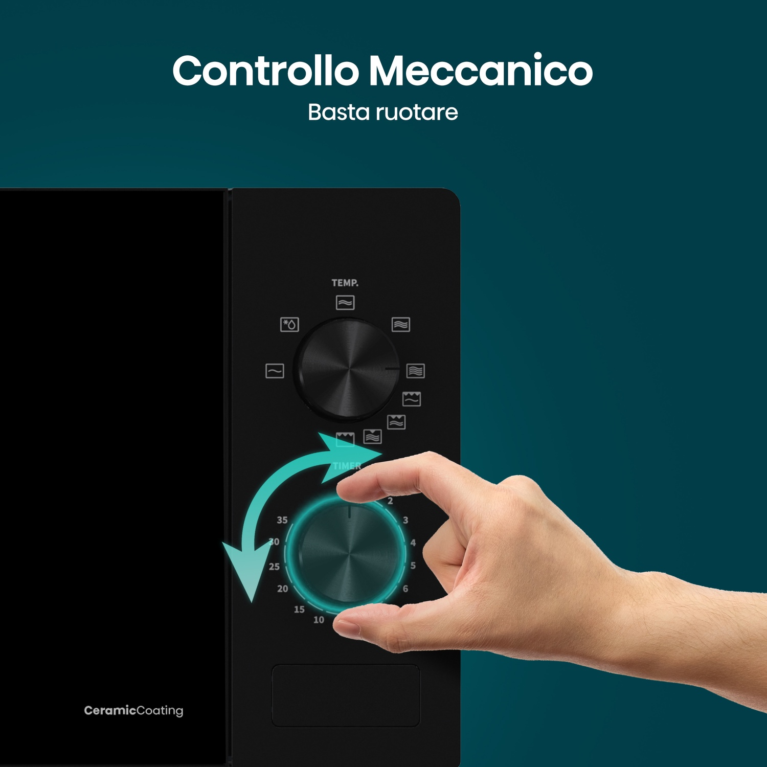 Una mano gira una manopola verde su un pannello di controllo nero.