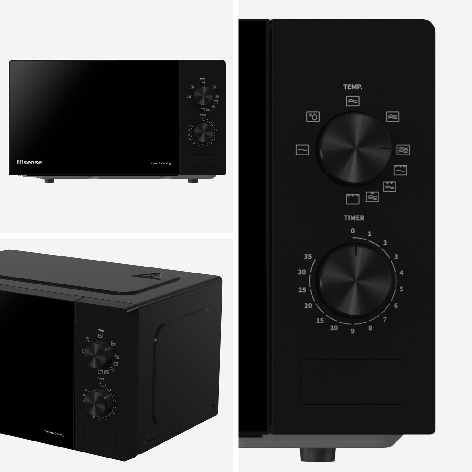 Forno a microonde Hisense nero con manopole rotanti per temperatura e timer.
