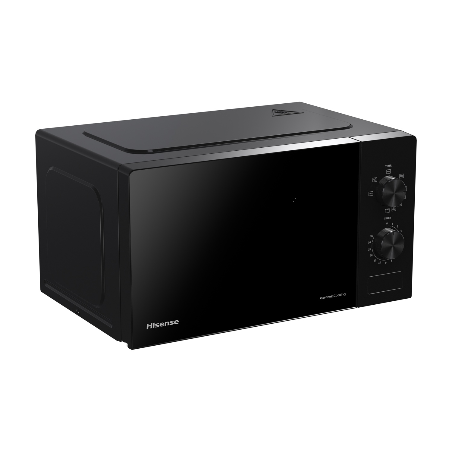 Forno a microonde Hisense nero con logo argentato e manopole.