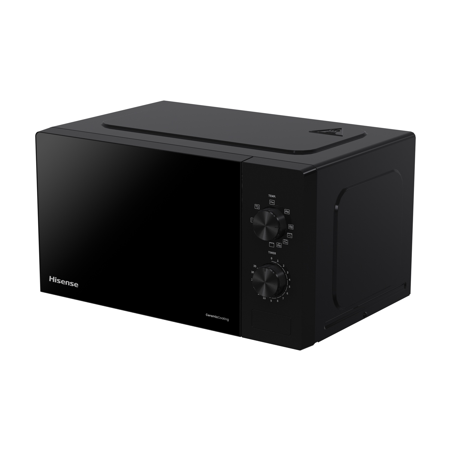 Un forno a microonde Hisense nero con due manopole di controllo e porta in vetro.