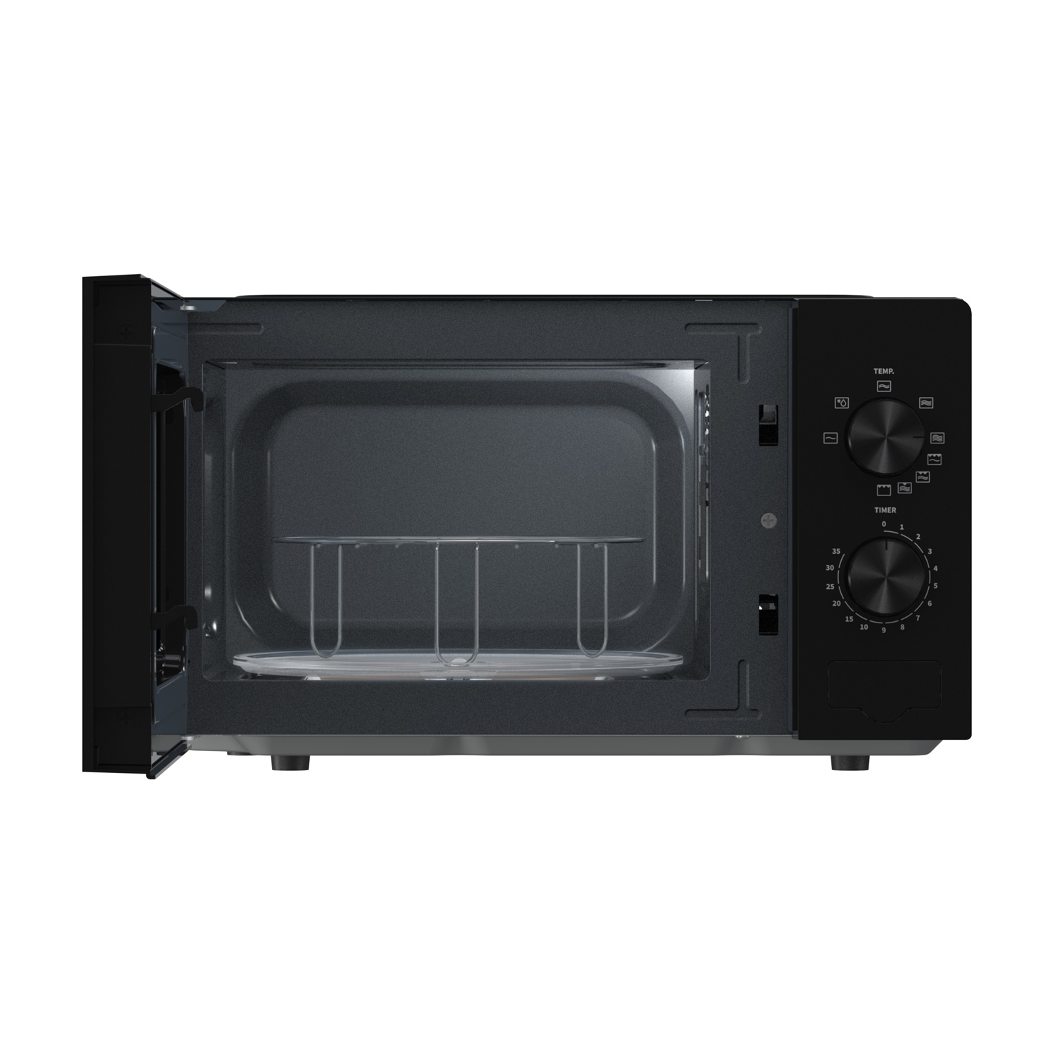 Forno a microonde nero aperto con piatto girevole e griglia.