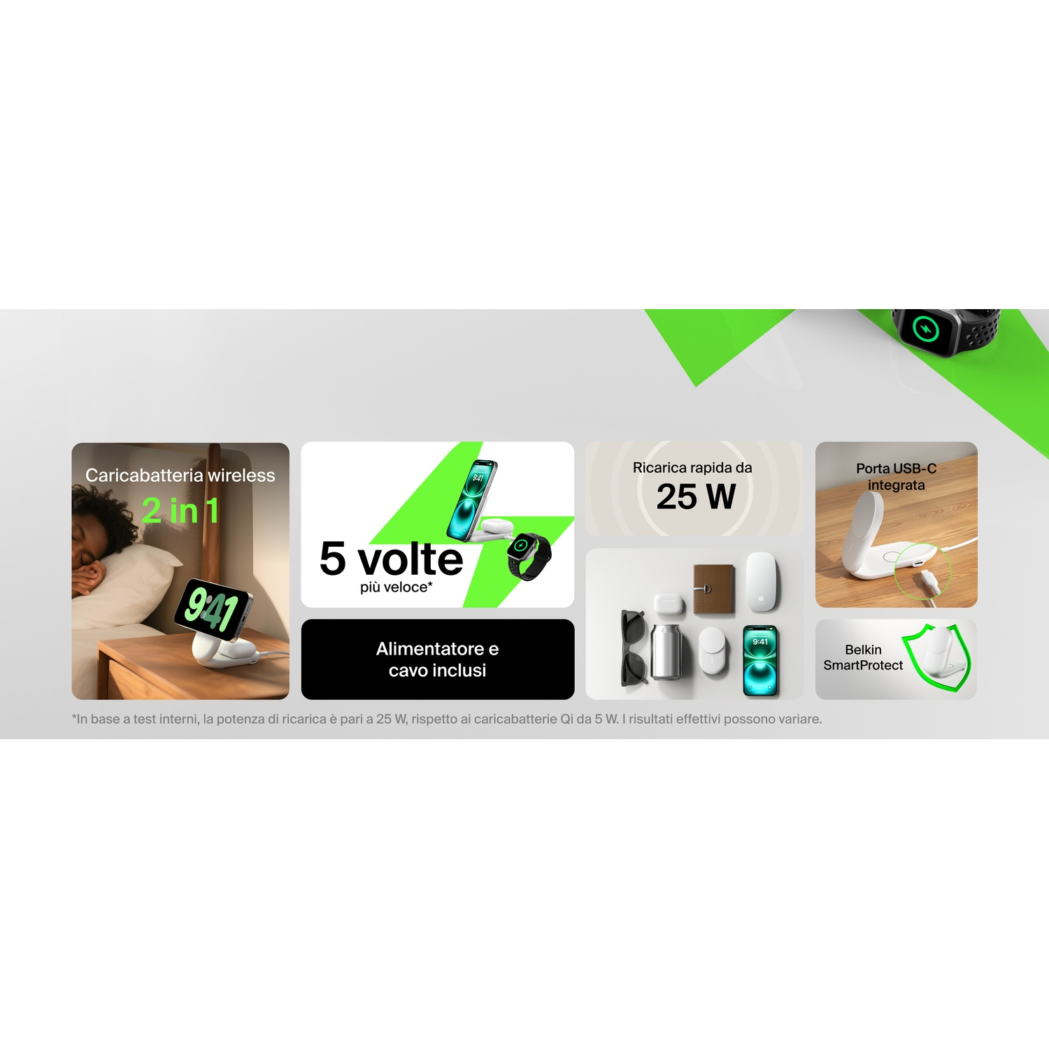 Caricabatteria wireless 2-in-1 con ricarica rapida 25W, USB-C e accessori.