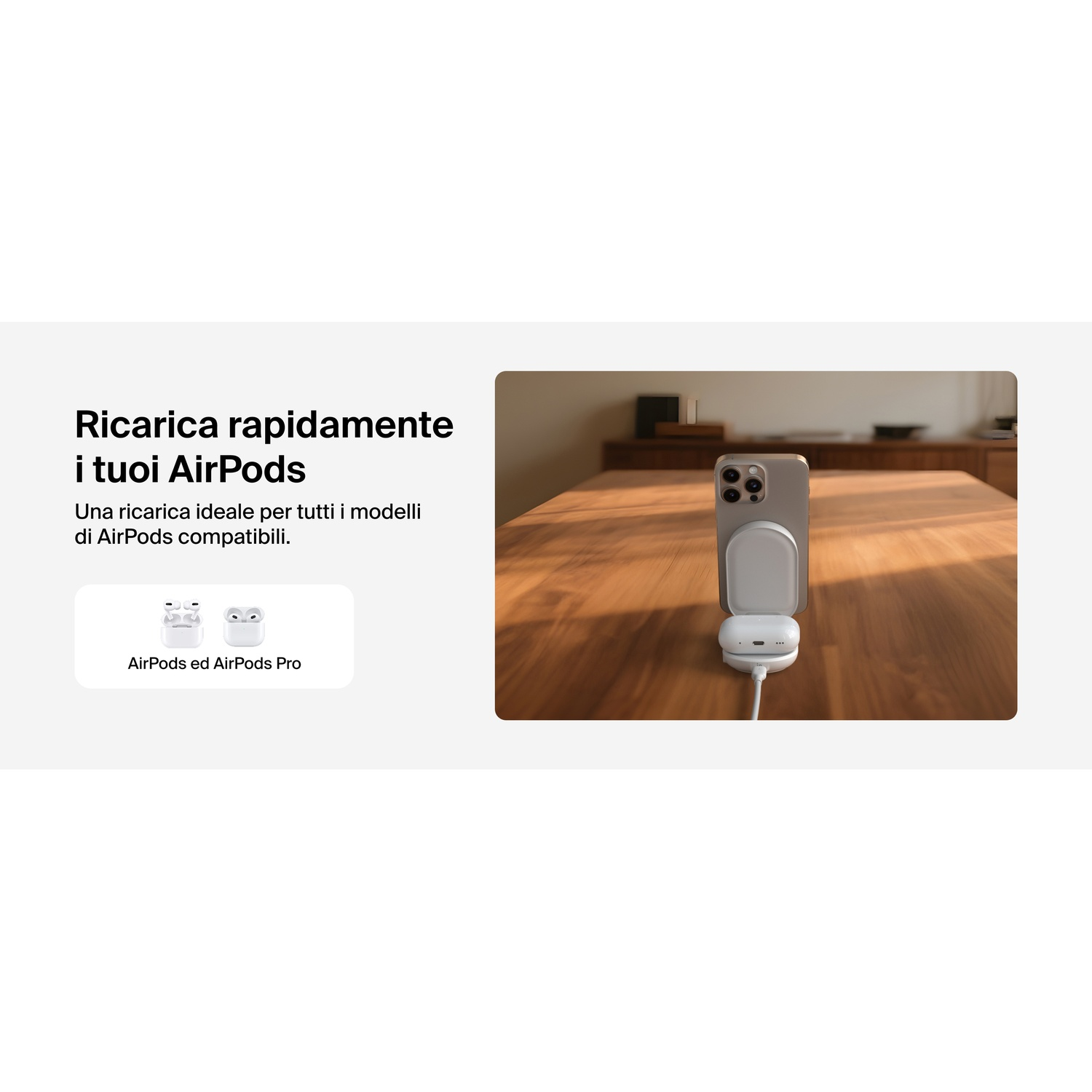 Un cavo di ricarica bianco carica AirPods su un tavolo.