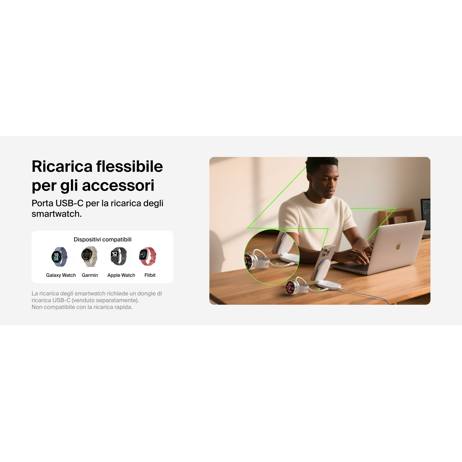 Uomo carica smartwatch con caricatore USB-C. Compatibile con Galaxy Watch, Garmin, Apple Watch, Fitbit.